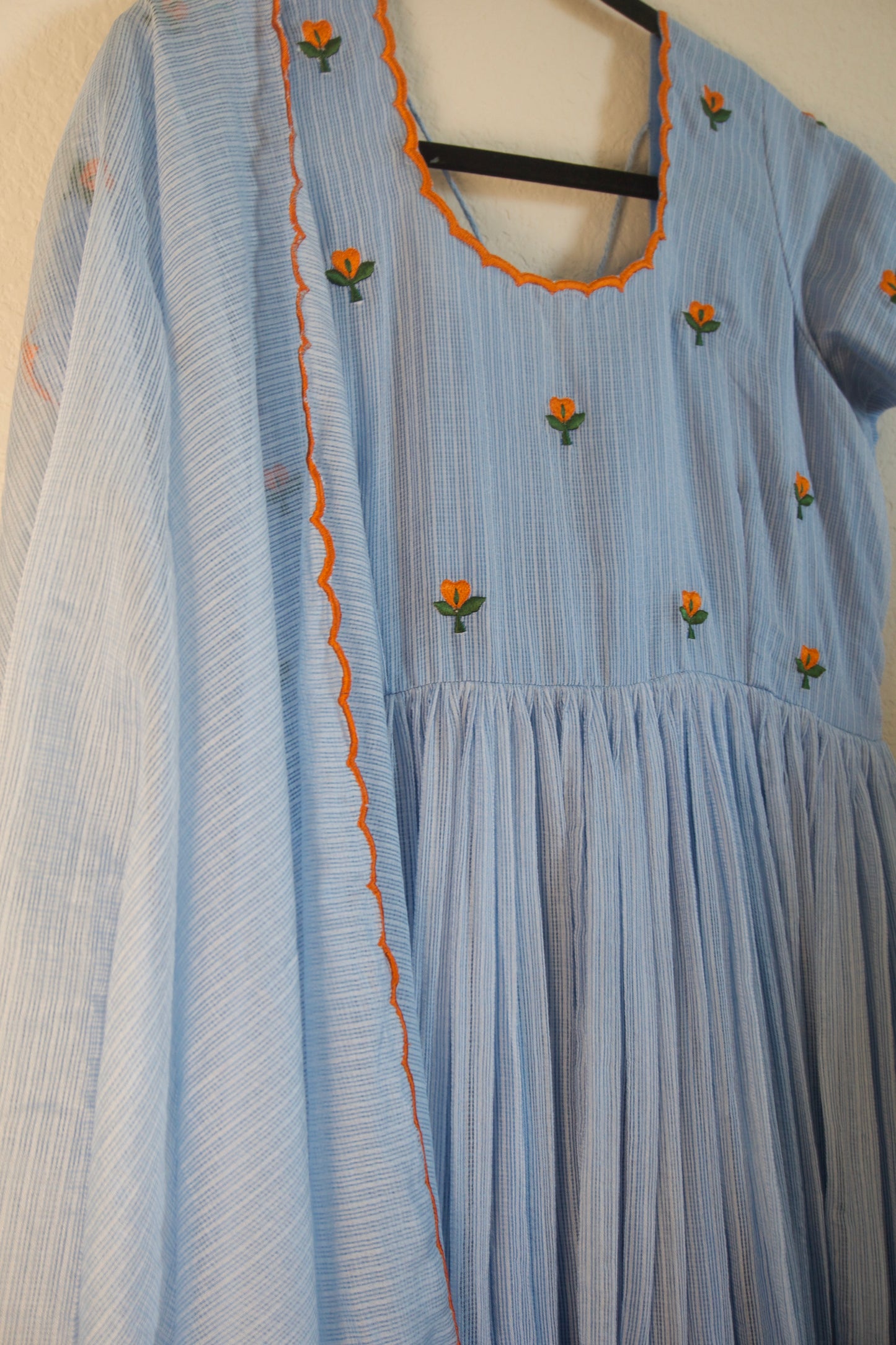Powder Blue Embroidered Kota Anarkali Set