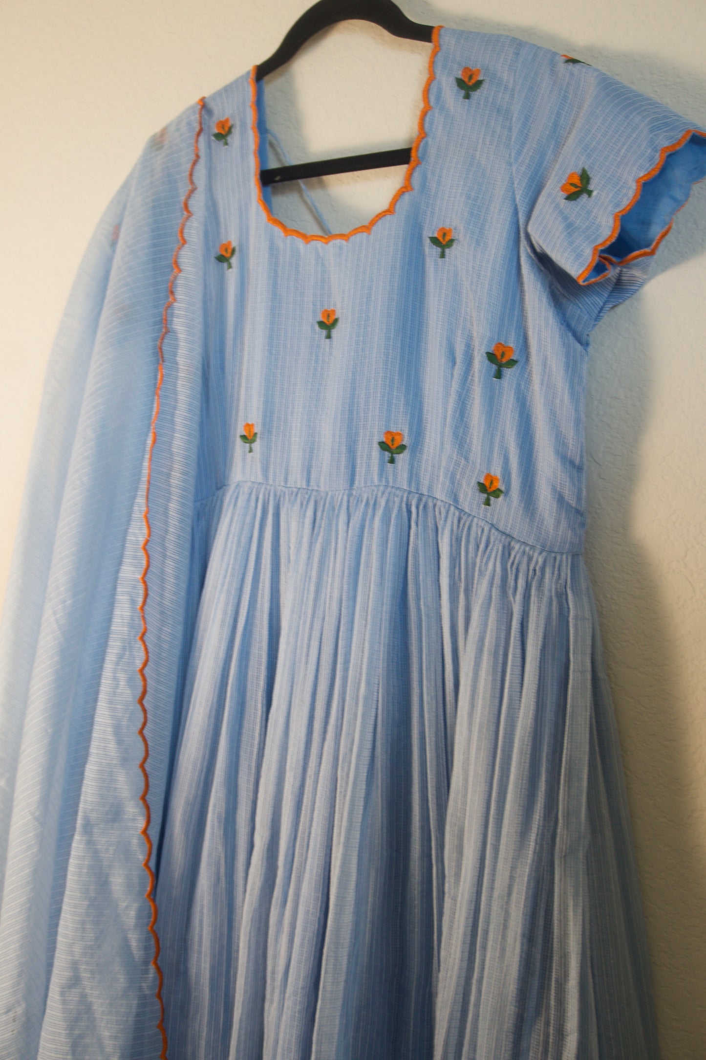 Powder Blue Embroidered Kota Anarkali Set