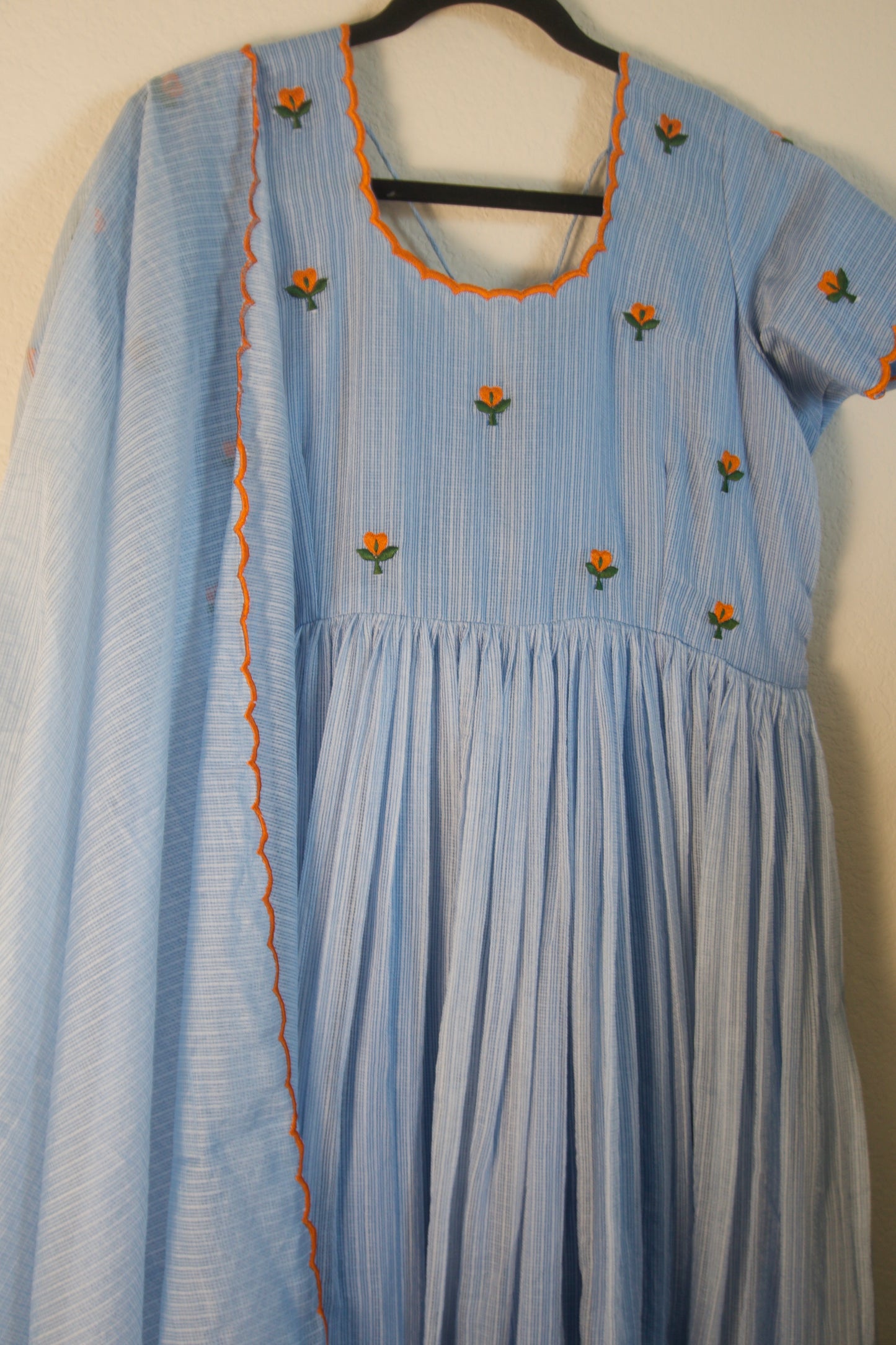 Powder Blue Embroidered Kota Anarkali Set