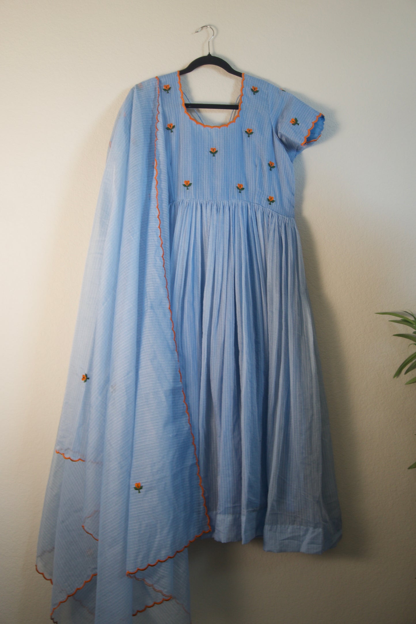 Powder Blue Embroidered Kota Anarkali Set