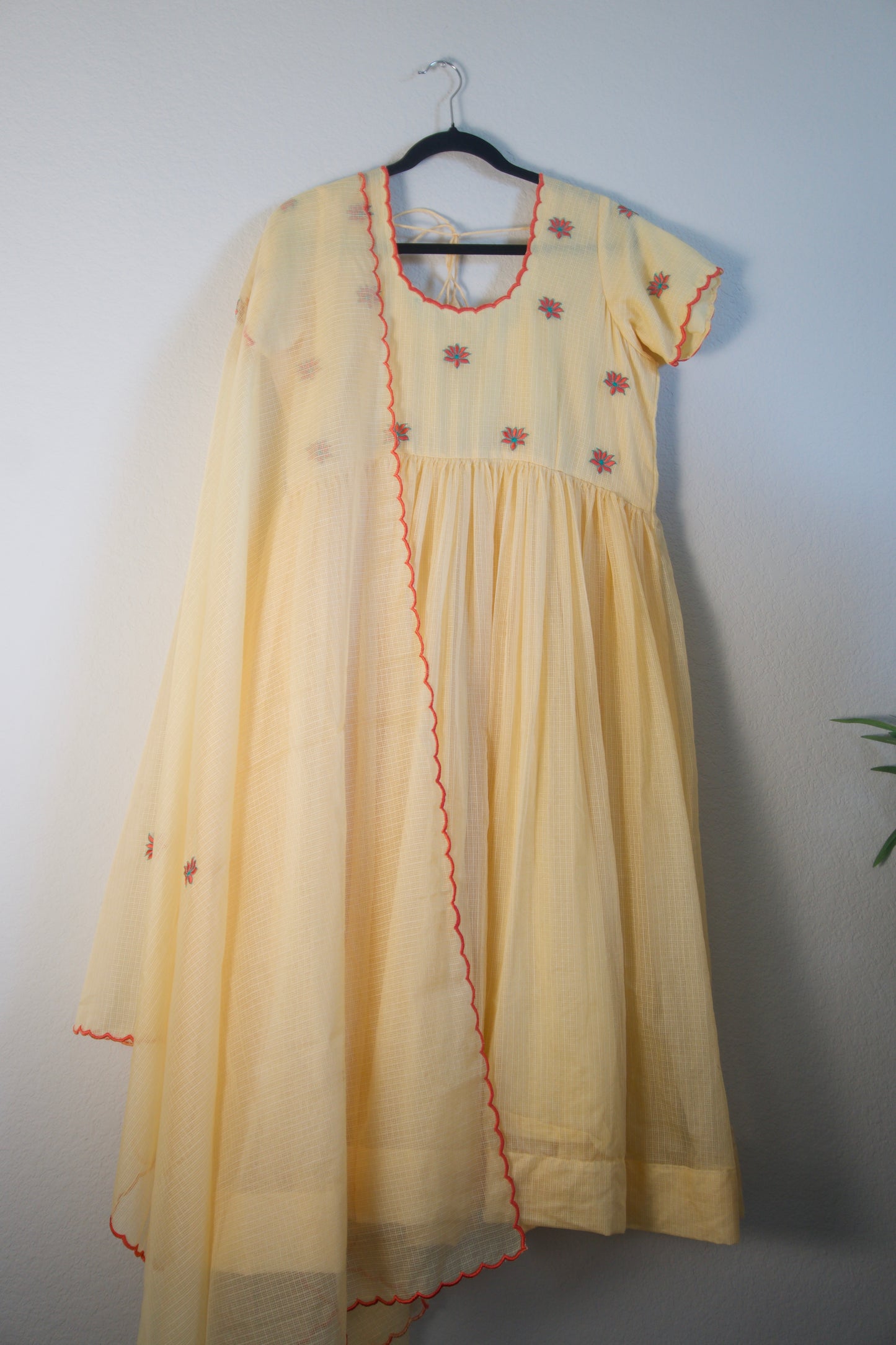 Biege Embroidered Kota Anarkali Set