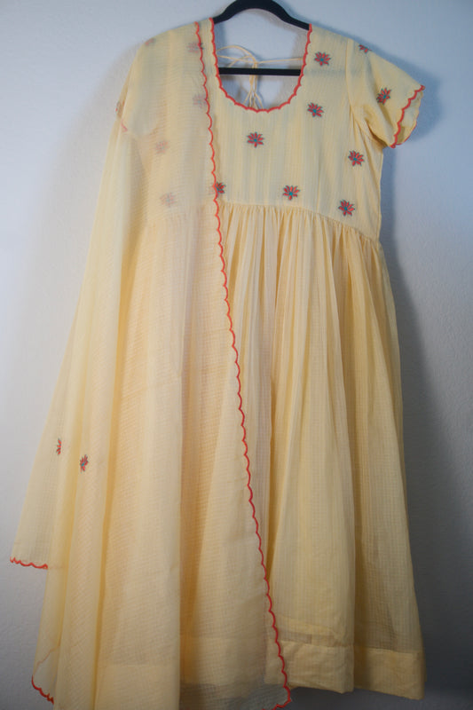Biege Embroidered Kota Anarkali Set
