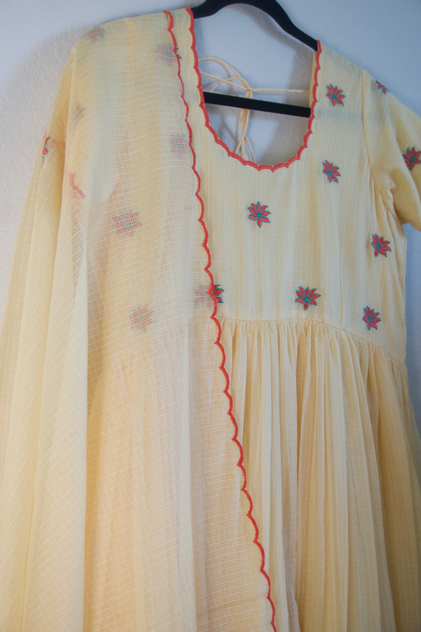 Biege Embroidered Kota Anarkali Set