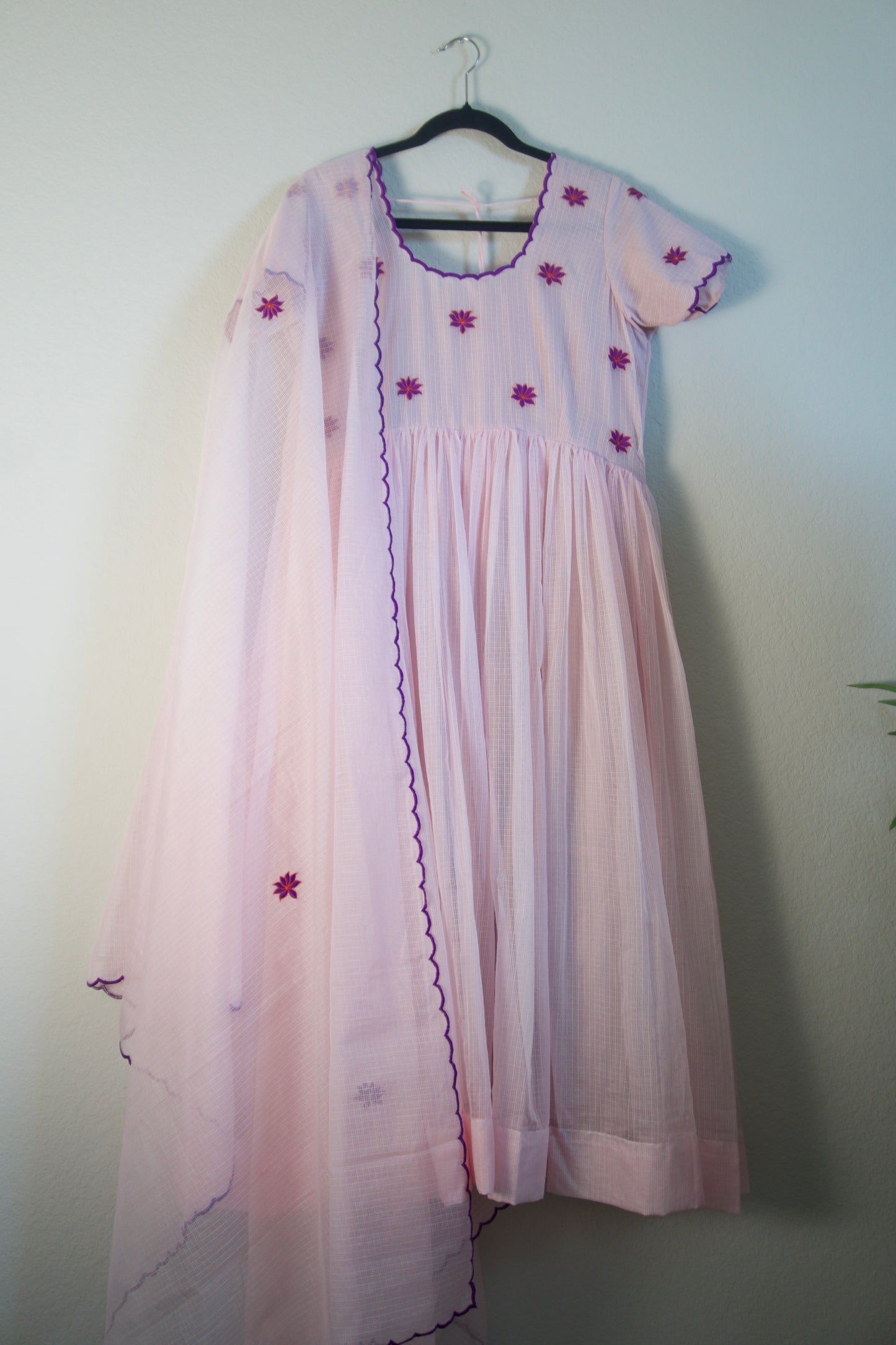 Light Pink Embroidered Kota Anarkali Set