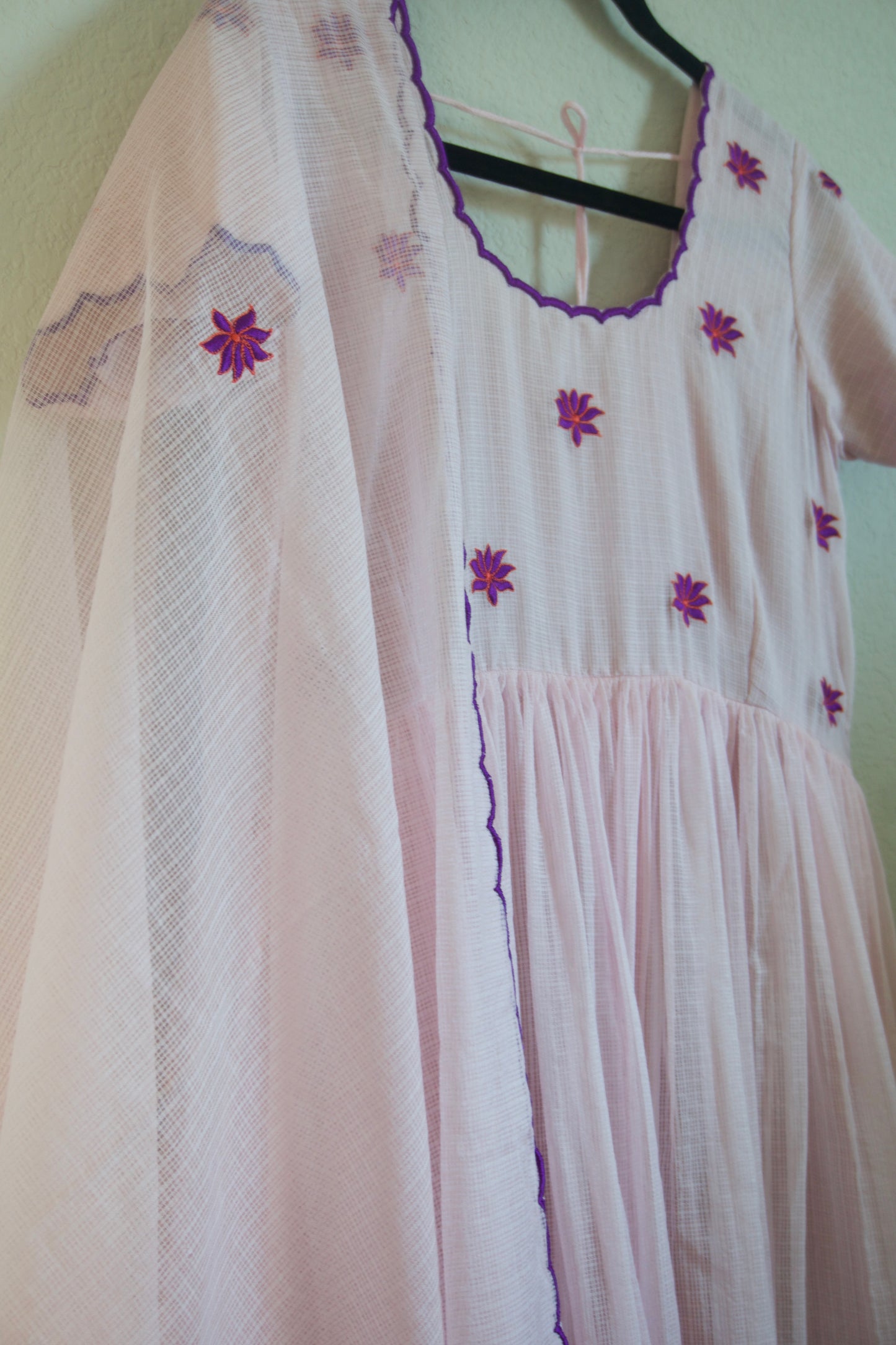 Light Pink Embroidered Kota Anarkali Set