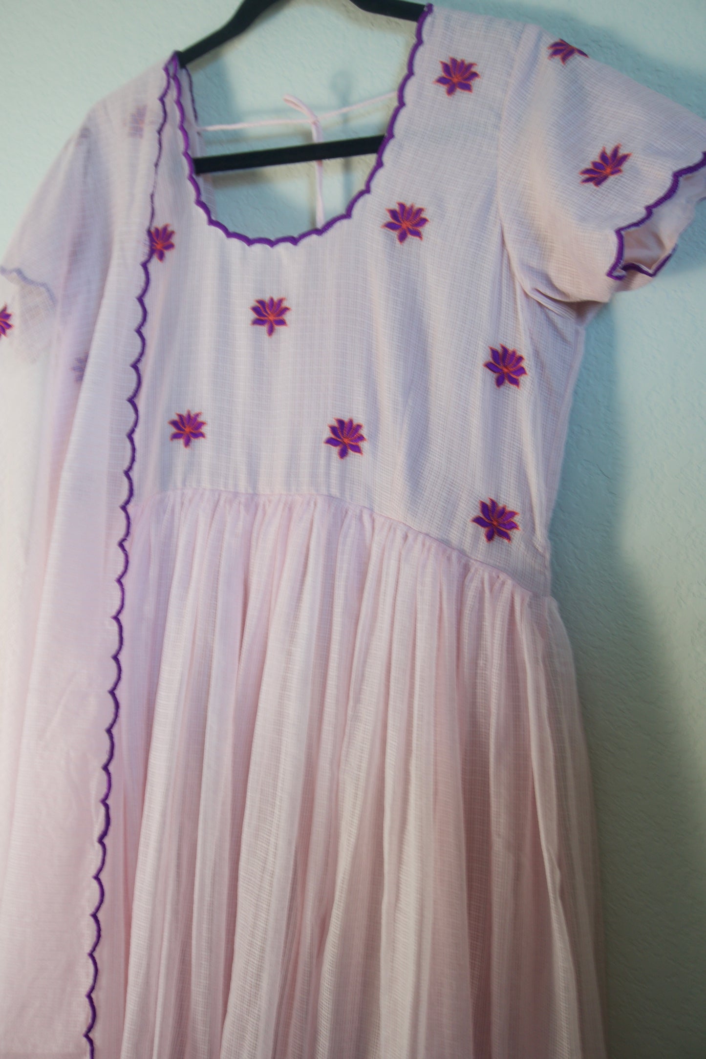 Light Pink Embroidered Kota Anarkali Set