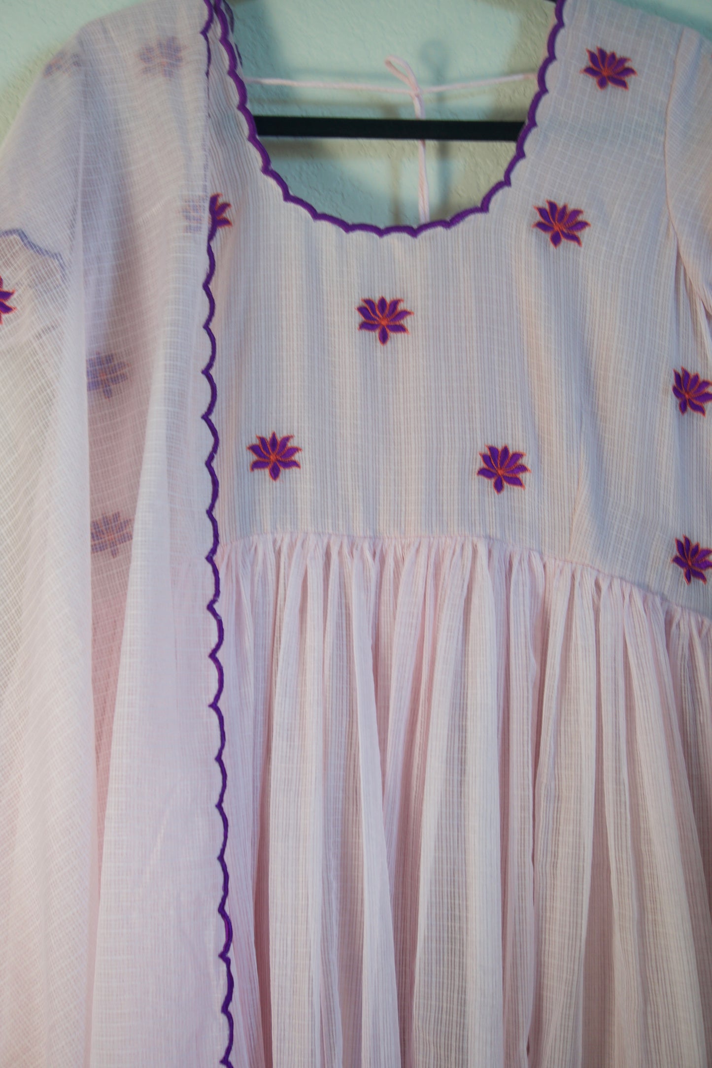 Light Pink Embroidered Kota Anarkali Set