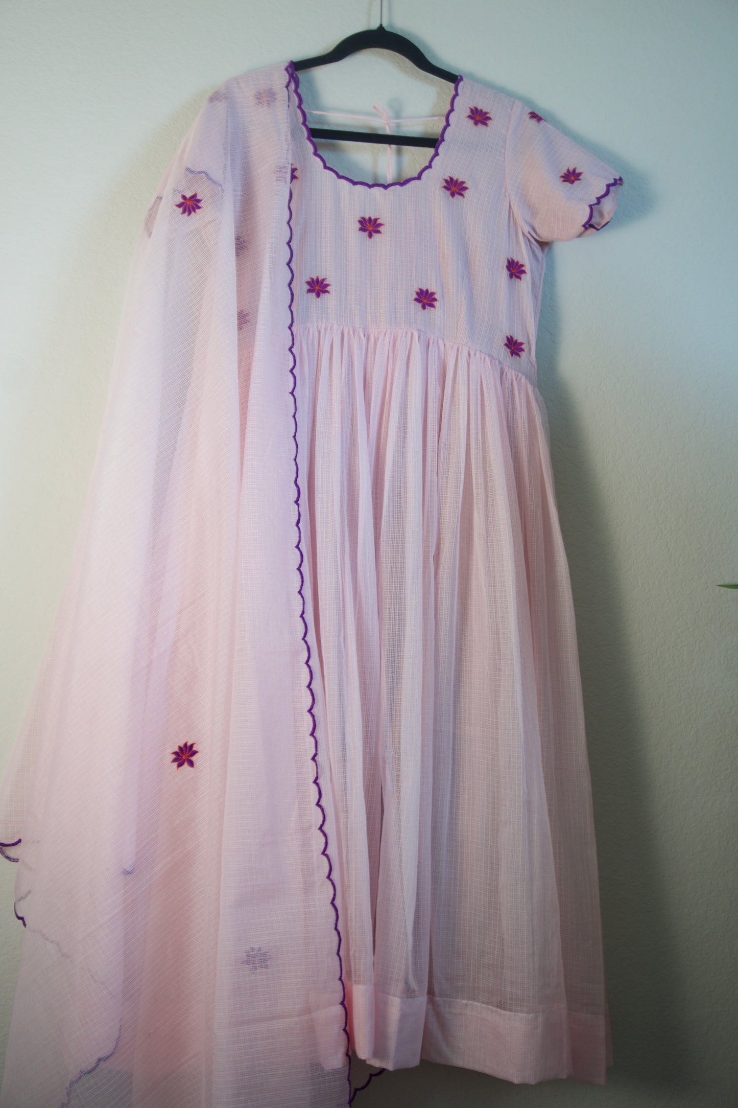 Light Pink Embroidered Kota Anarkali Set