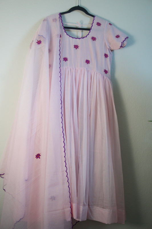 Light Pink Embroidered Kota Anarkali Set