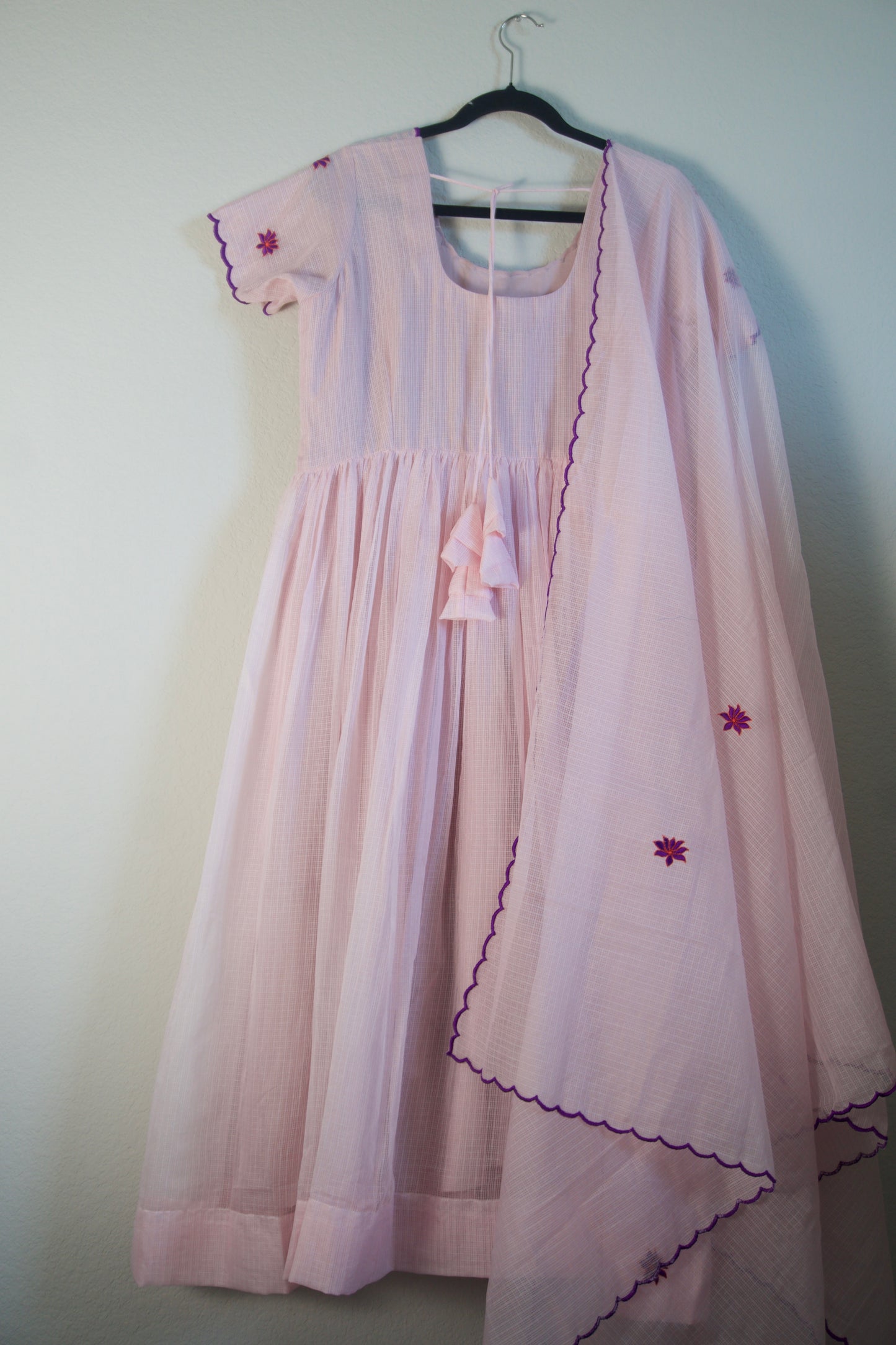 Light Pink Embroidered Kota Anarkali Set