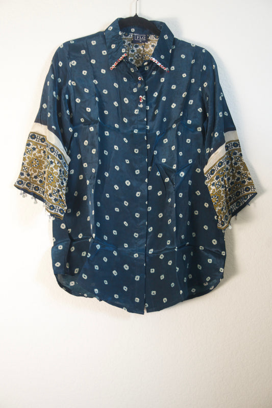 Peacock Blue Modal Silk Bandhini Shirt