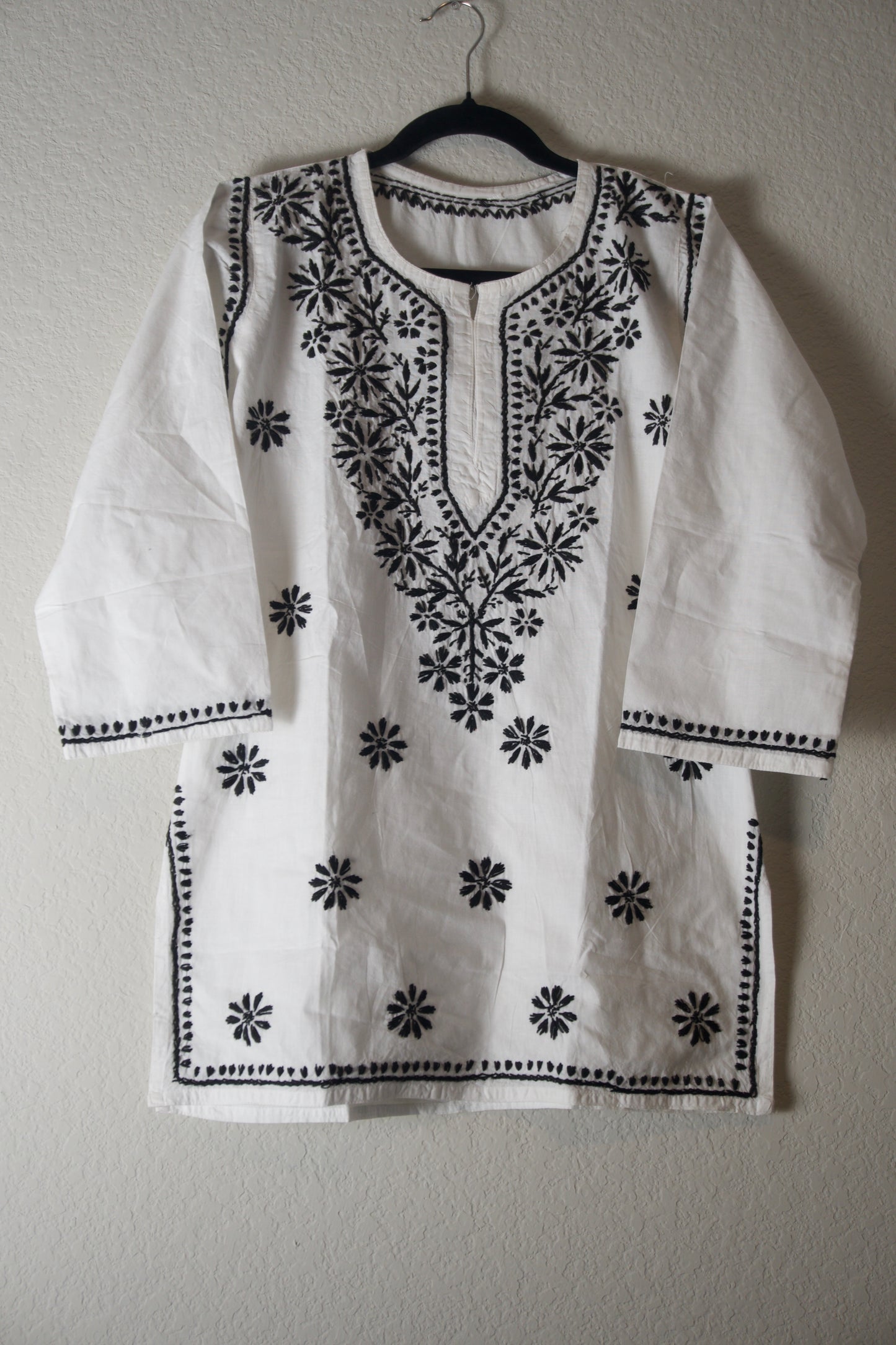 White and Black Cotton Chikankari Short Kurti
