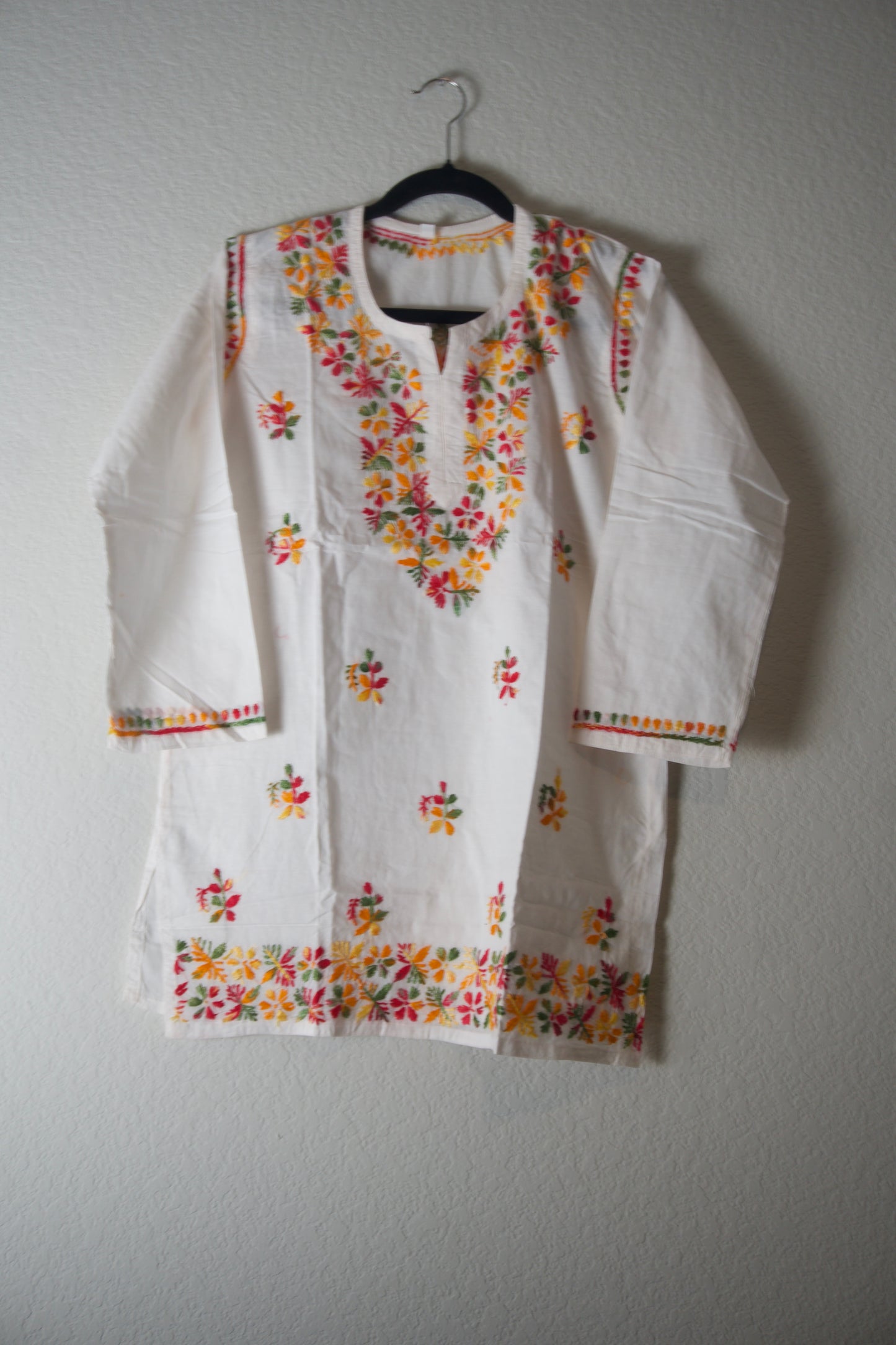 White and Multicolor Cotton Chikankari Short Kurti