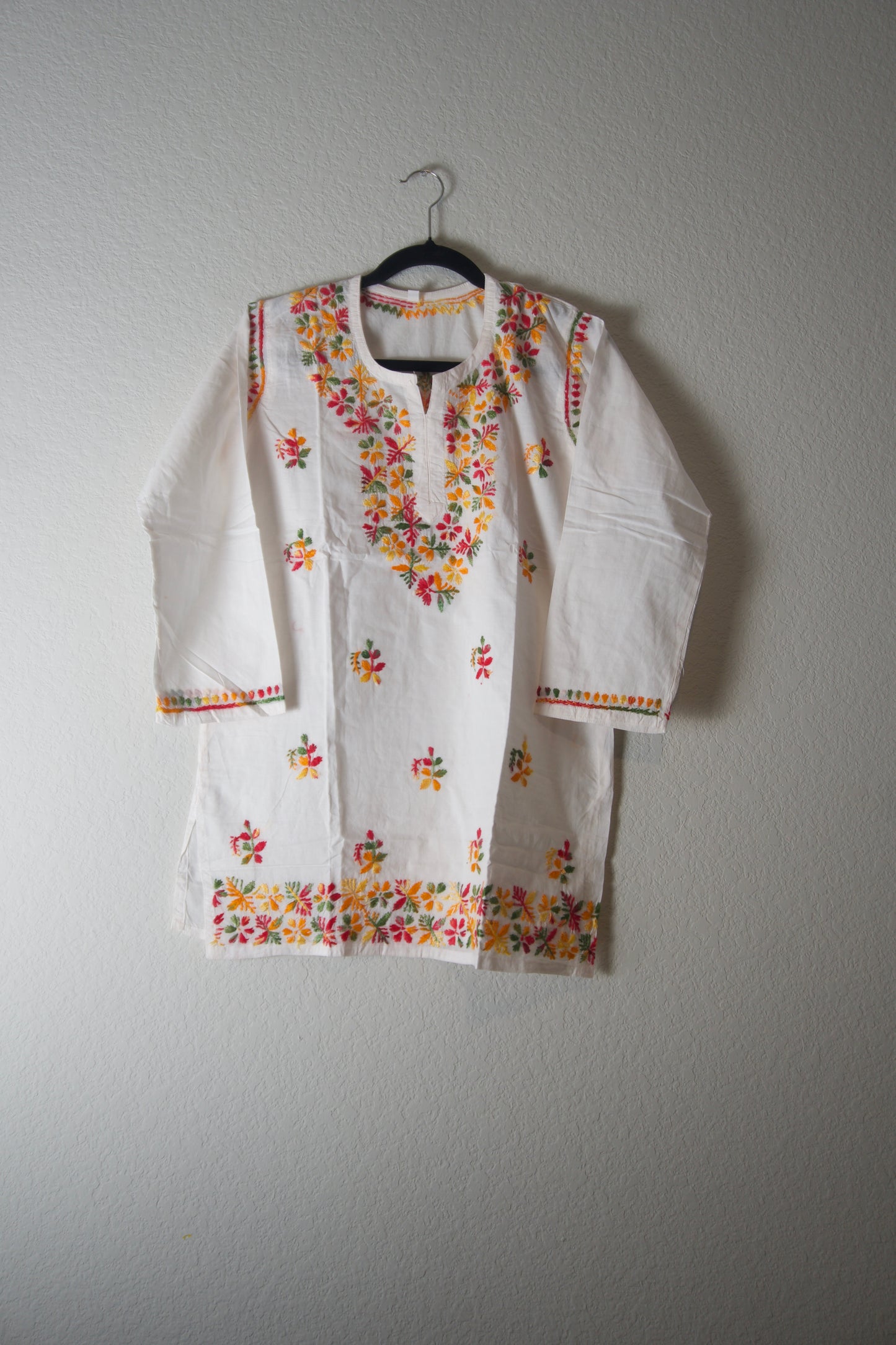 White and Multicolor Cotton Chikankari Short Kurti