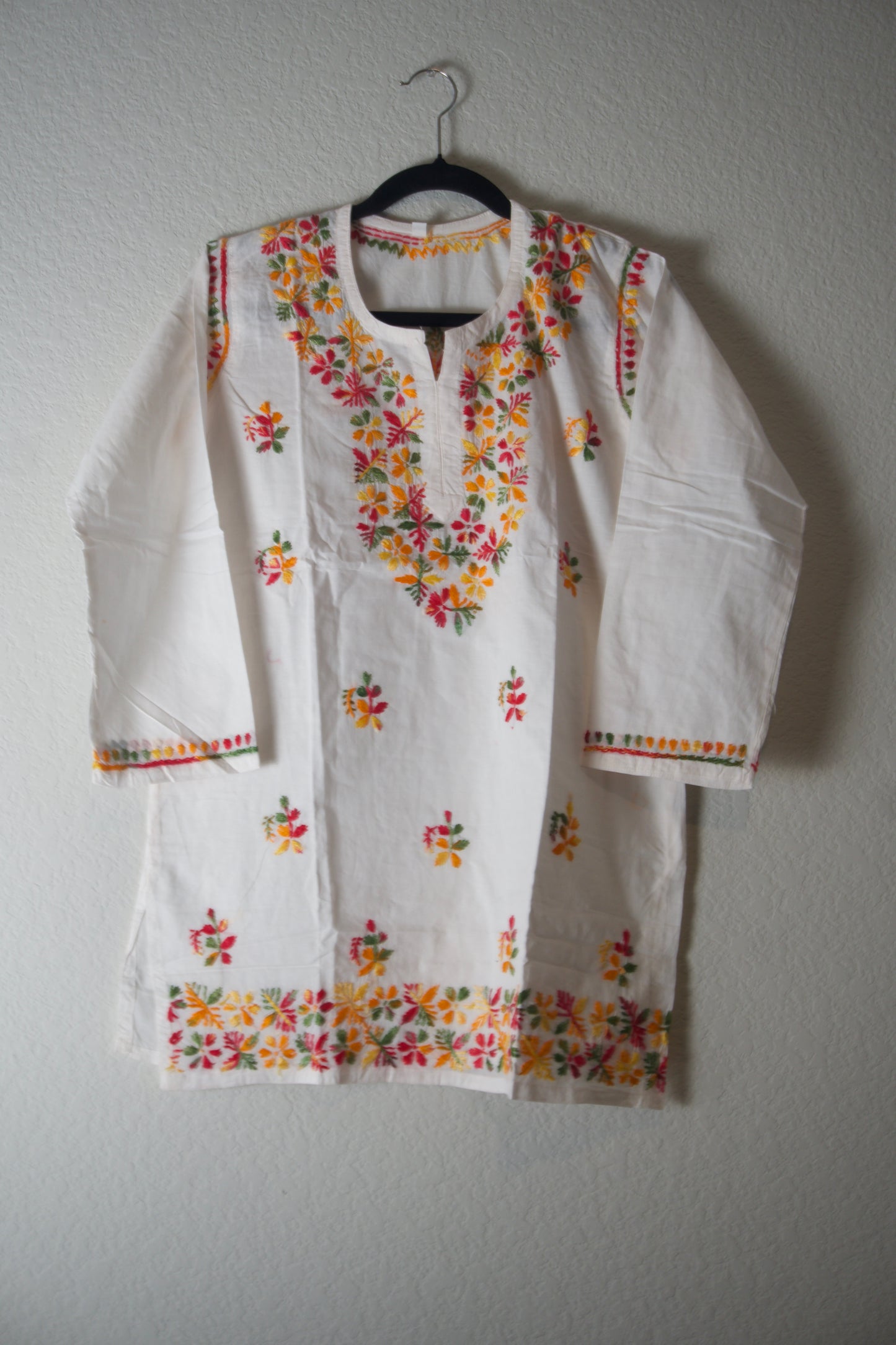 White and Multicolor Cotton Chikankari Short Kurti