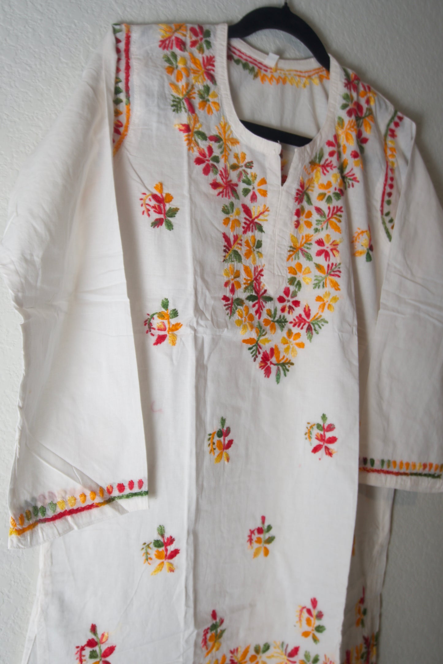 White and Multicolor Cotton Chikankari Short Kurti