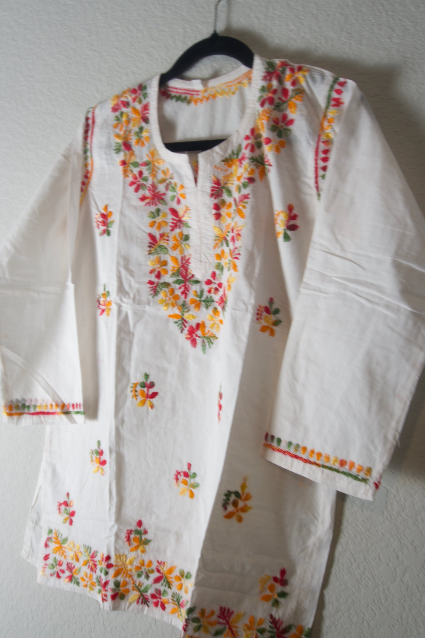 White and Multicolor Cotton Chikankari Short Kurti