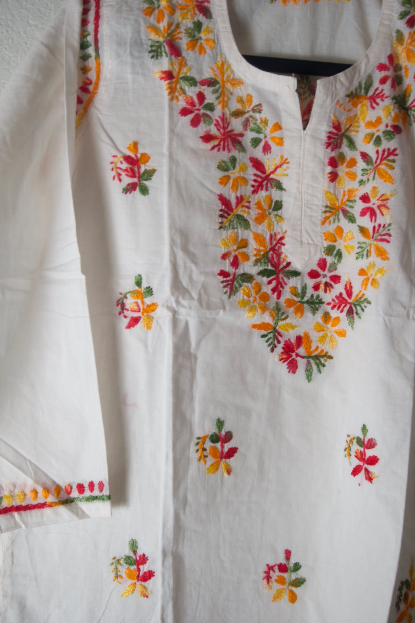 White and Multicolor Cotton Chikankari Short Kurti
