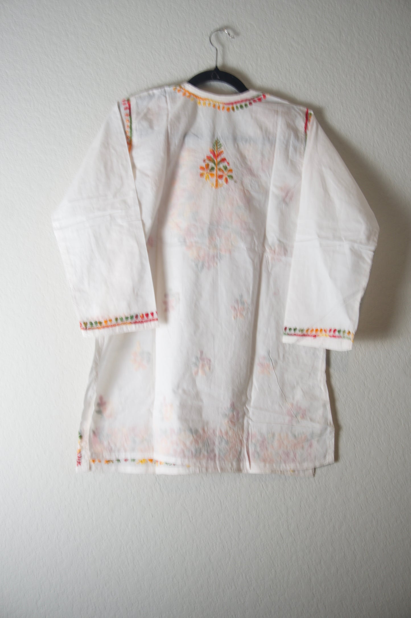 White and Multicolor Cotton Chikankari Short Kurti