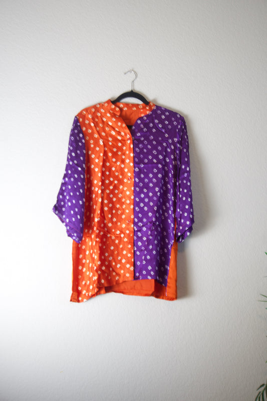 Orange and Purple Modal Silk Bandhini Shirt - Half and Half style
