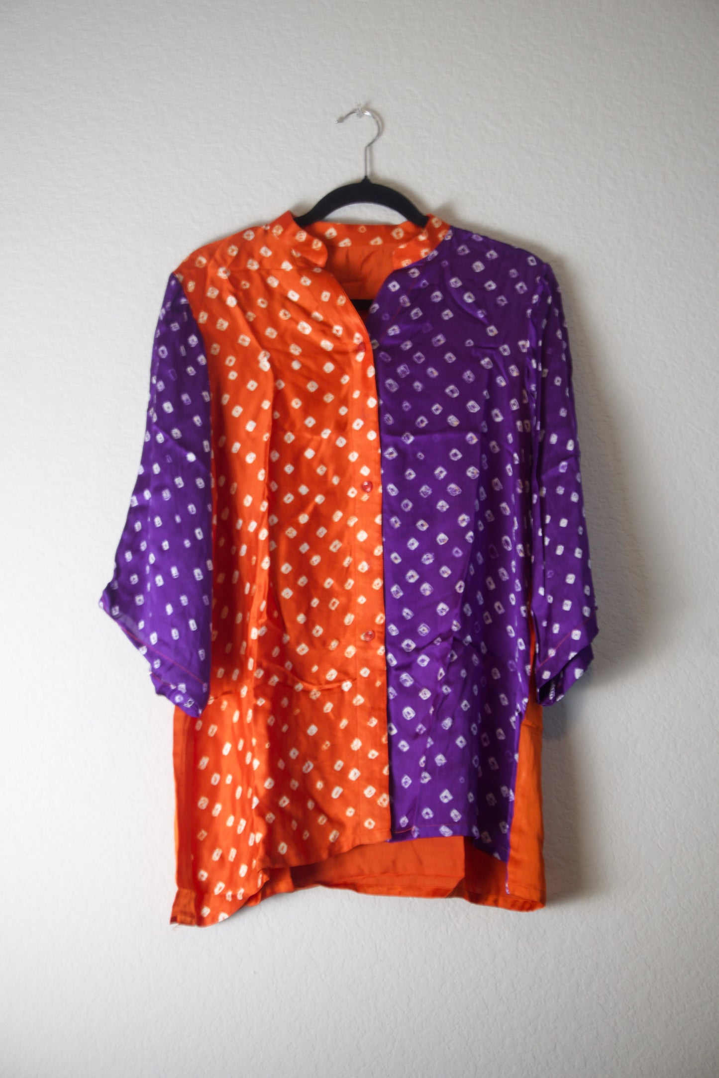 Orange and Purple Modal Silk Bandhini Shirt - Half and Half style