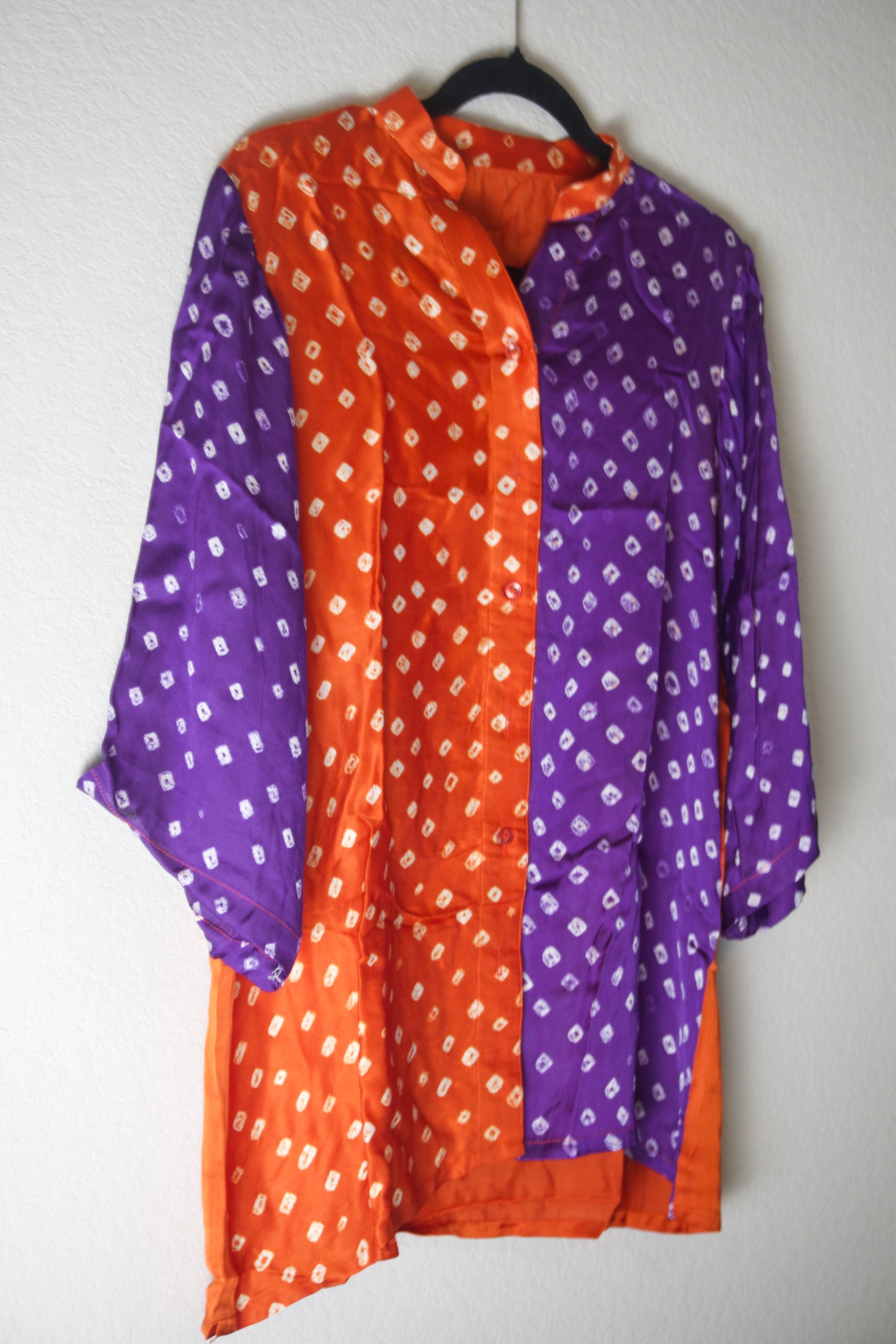 Orange and Purple Modal Silk Bandhini Shirt - Half and Half style