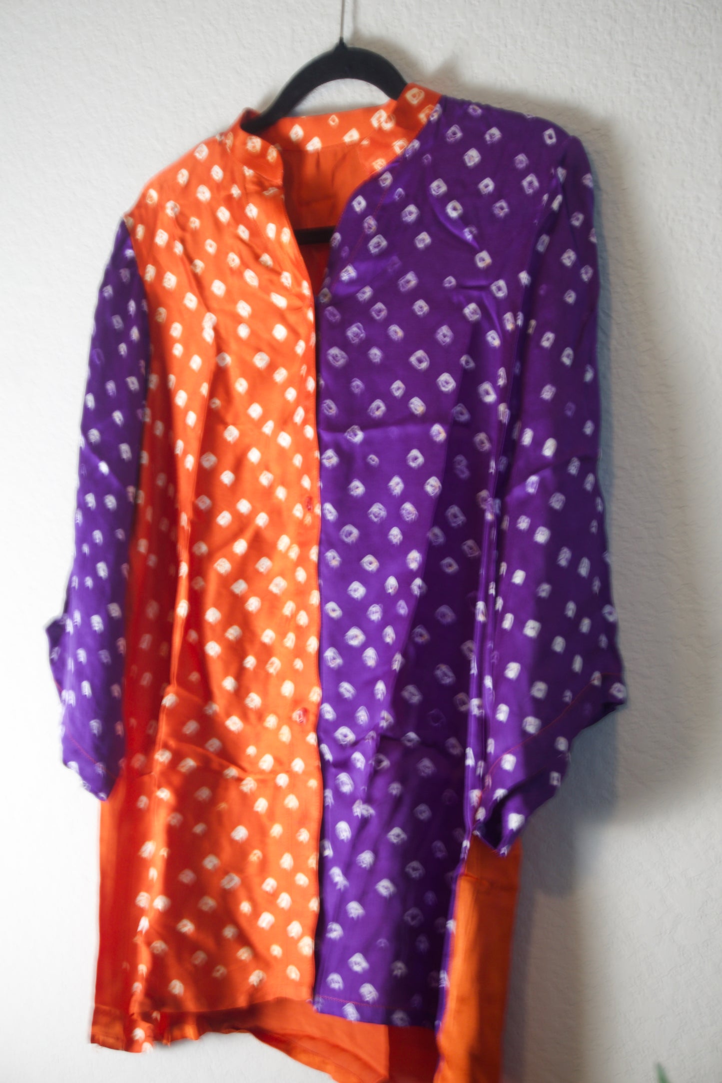 Orange and Purple Modal Silk Bandhini Shirt - Half and Half style