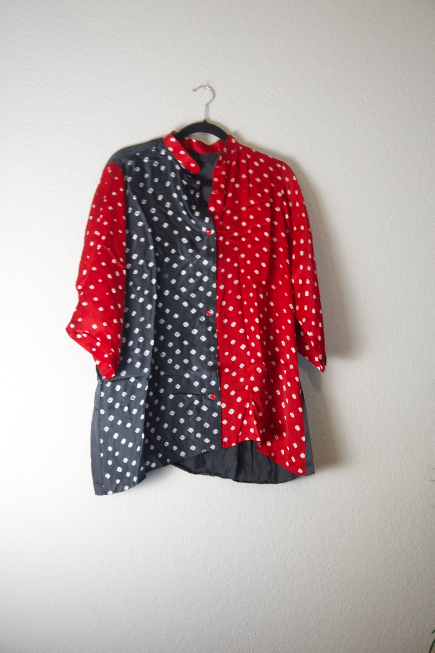 Black and Red Modal Silk Bandhini Shirt - Half and Half style