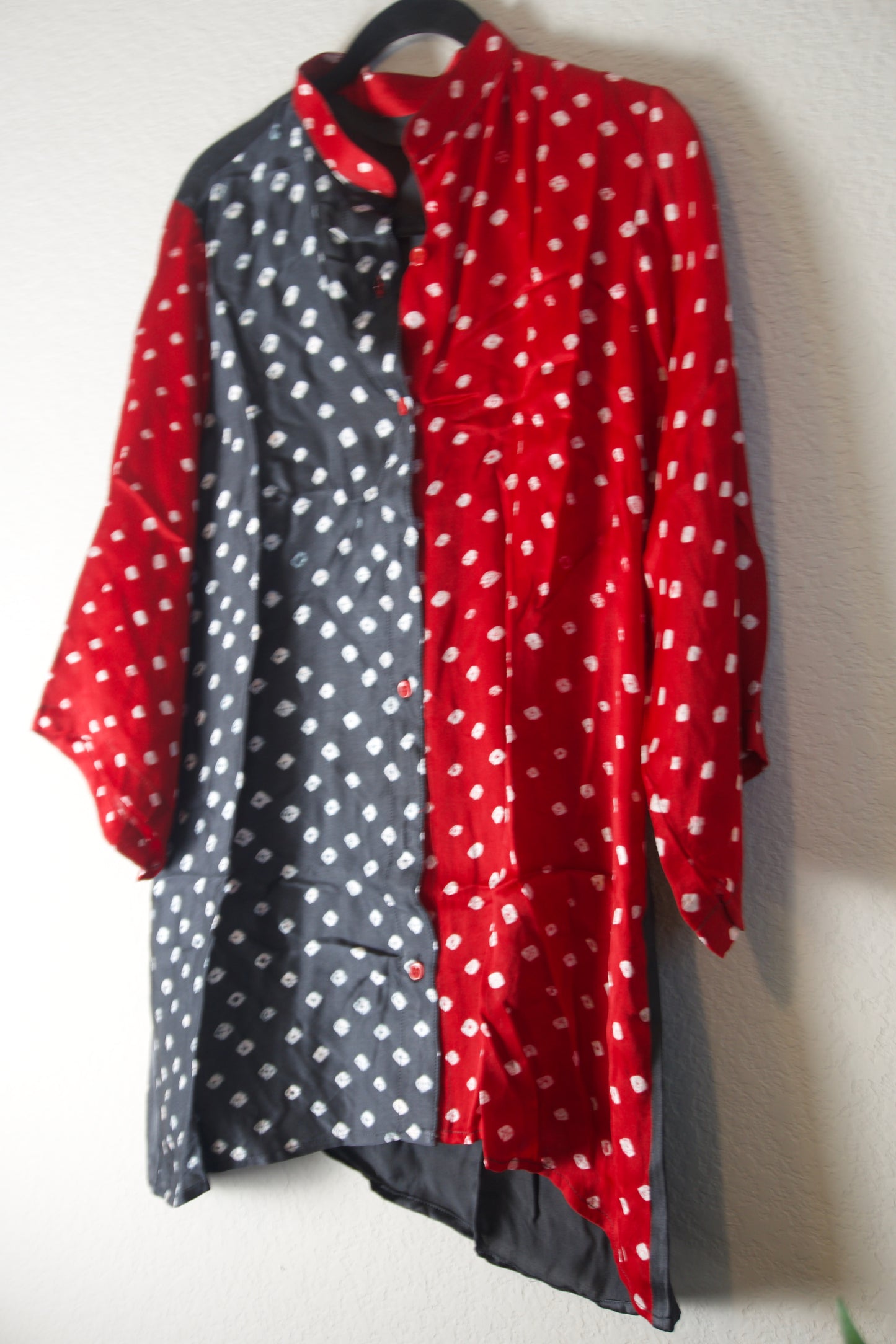 Black and Red Modal Silk Bandhini Shirt - Half and Half style