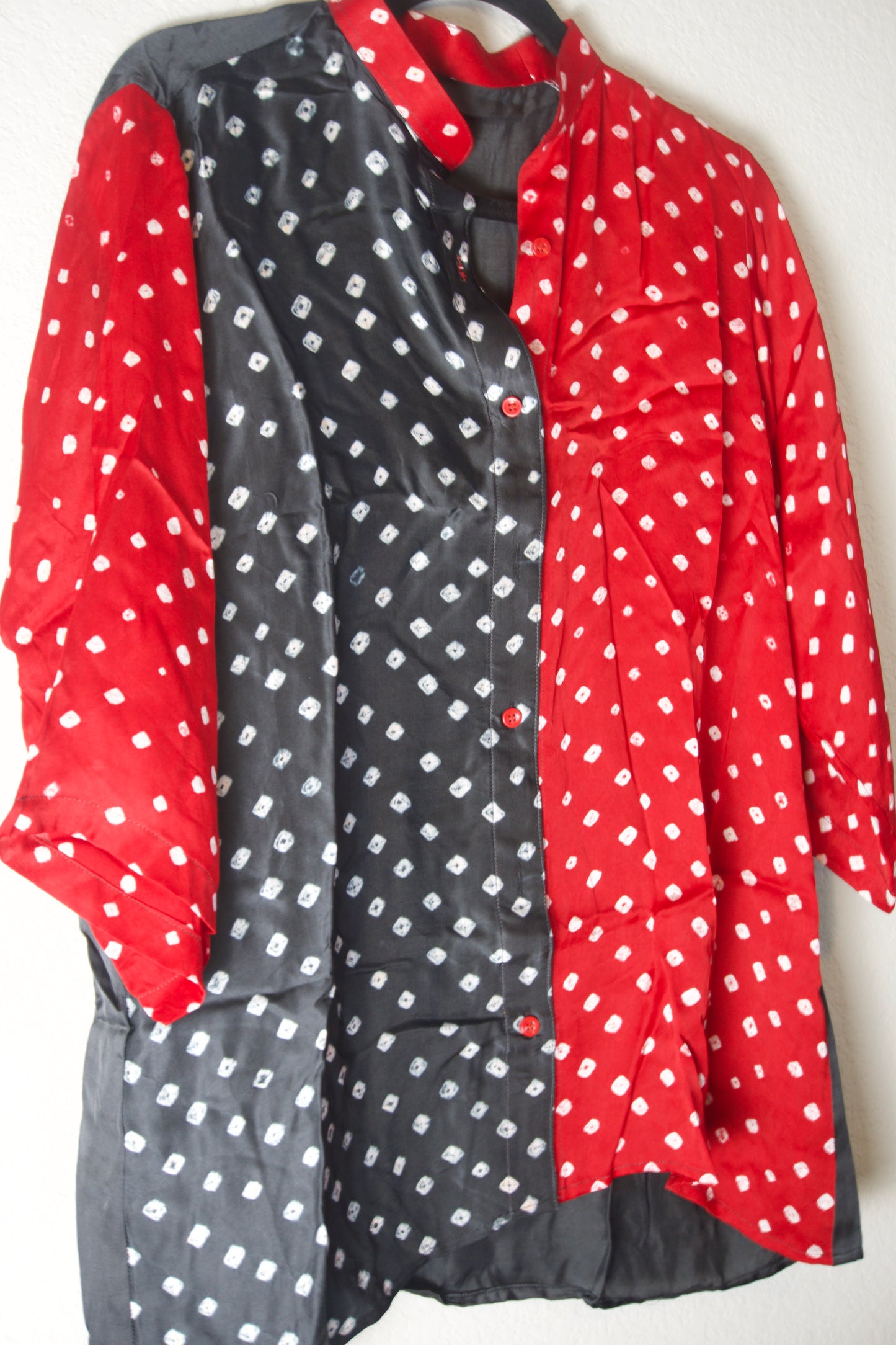 Black and Red Modal Silk Bandhini Shirt - Half and Half style