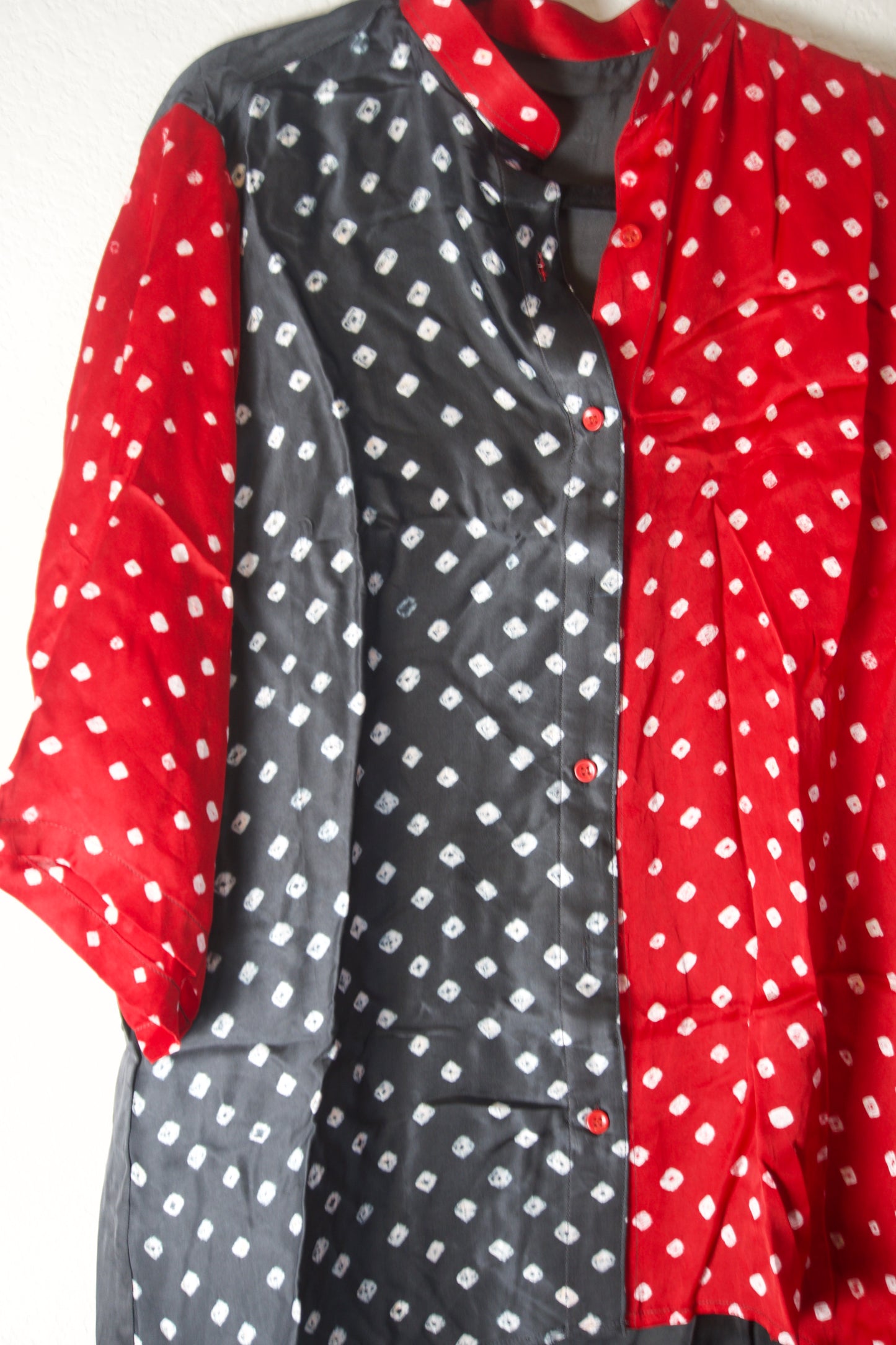 Black and Red Modal Silk Bandhini Shirt - Half and Half style