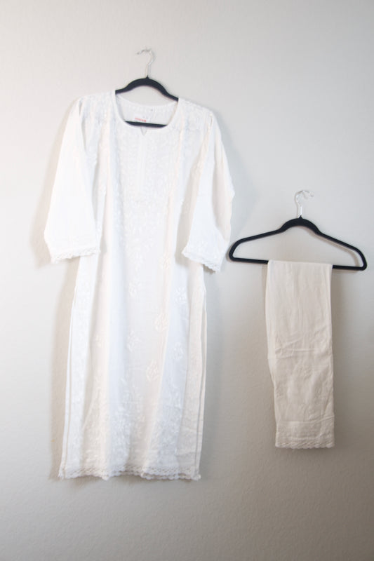 White Rayon Chikankari Coord Set - Top with Palazzo - Pattern 1 (Lace)