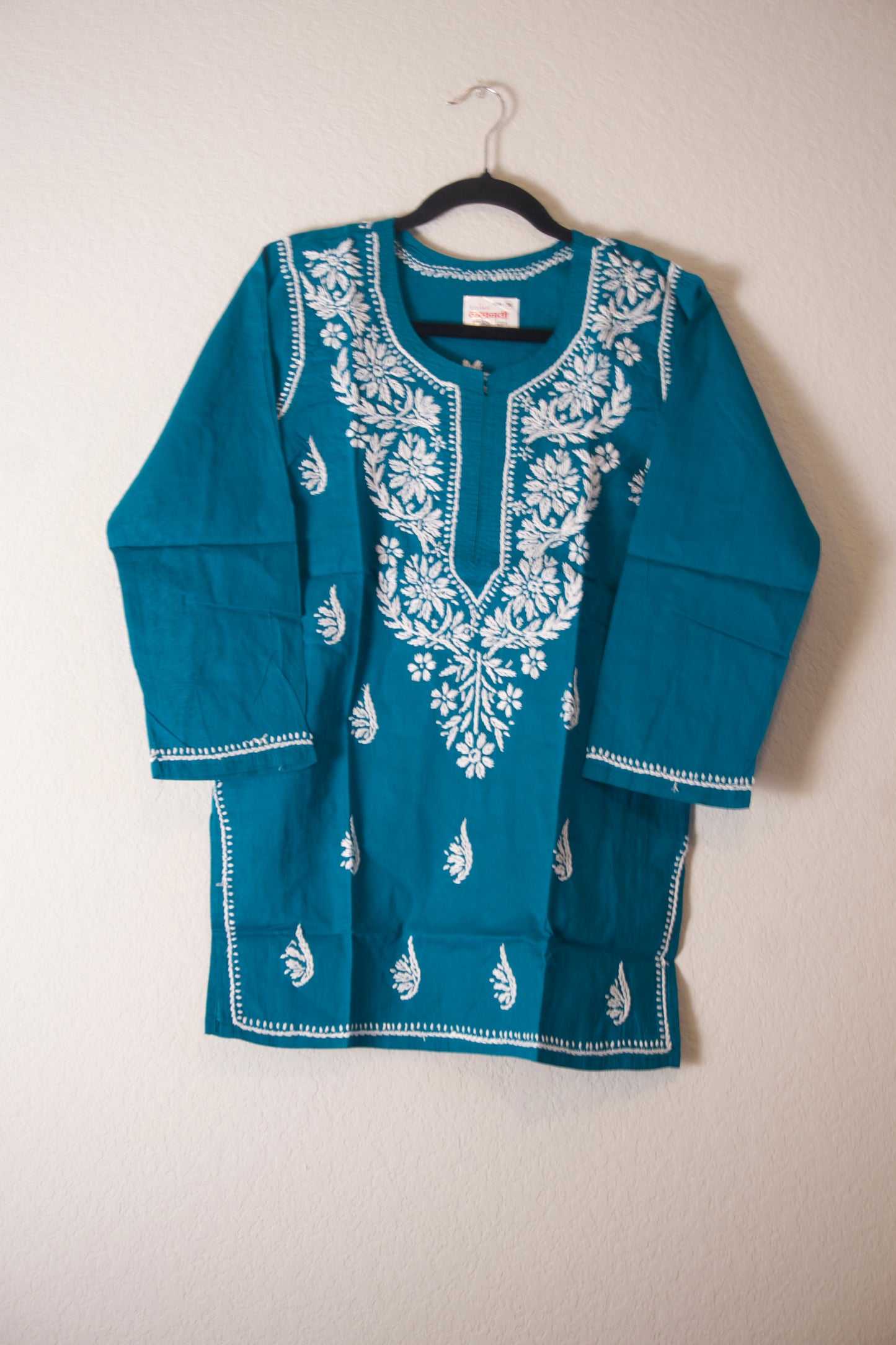 Teal Green Cotton Chikankari Short Kurti