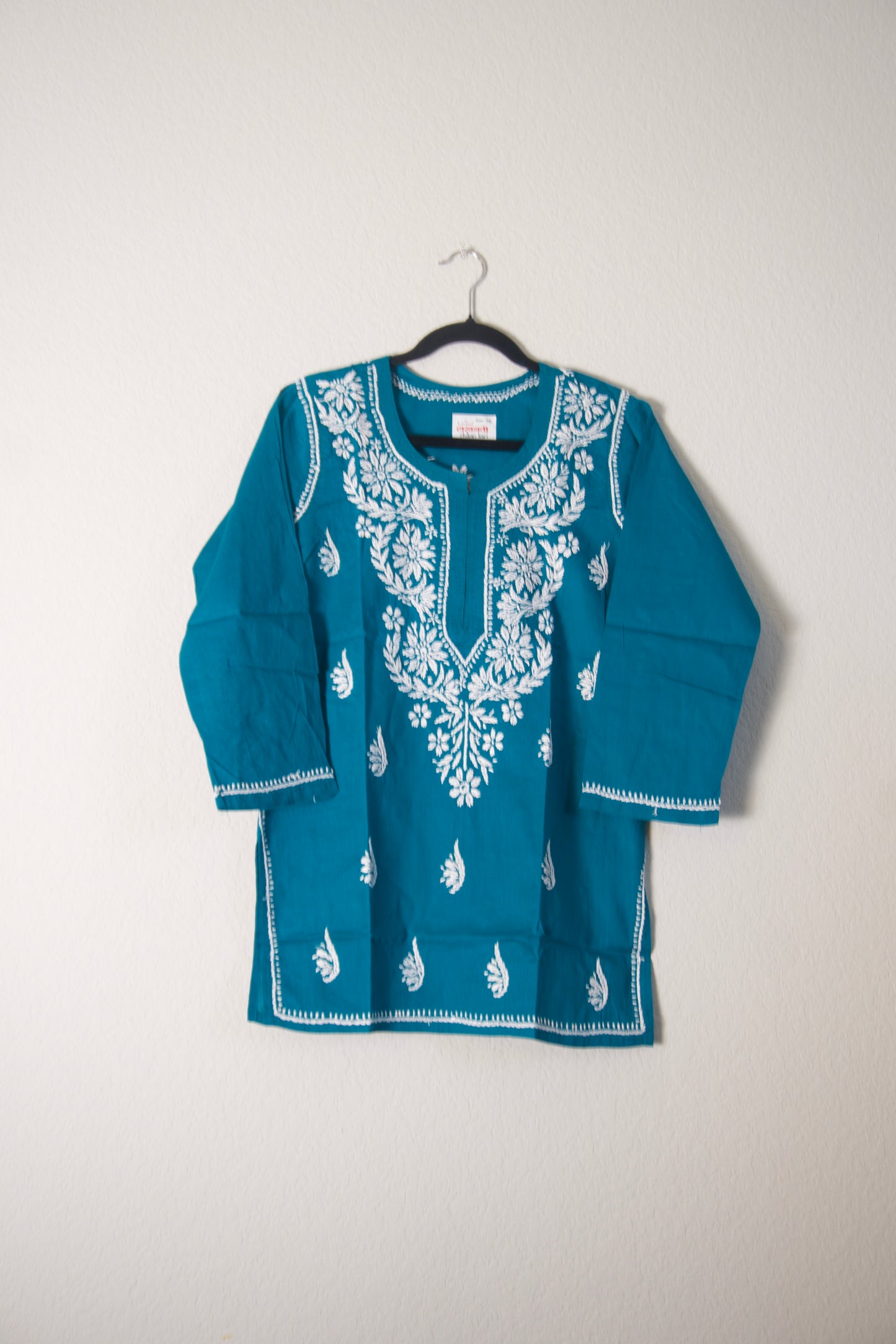 Teal Green Cotton Chikankari Short Kurti