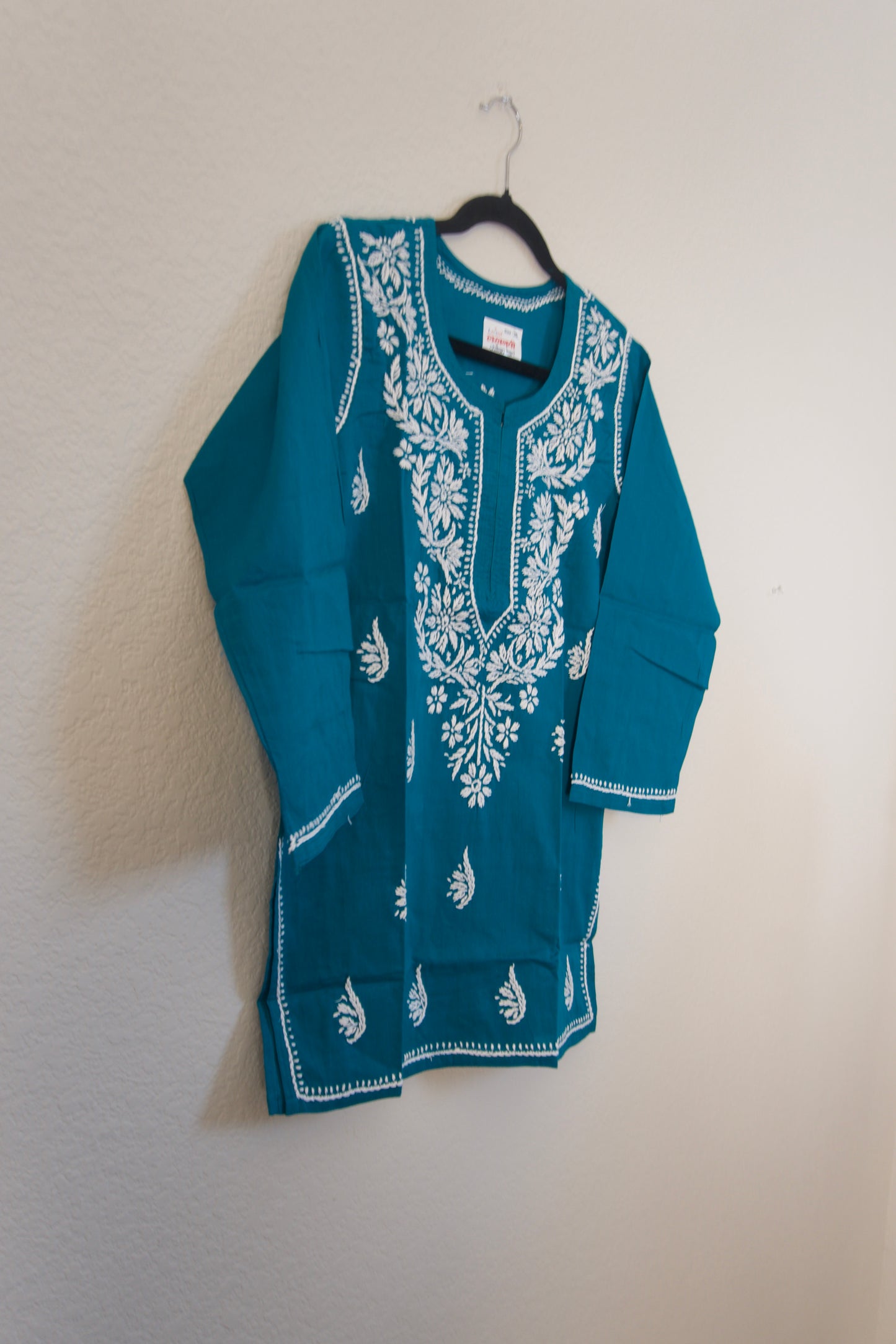 Teal Green Cotton Chikankari Short Kurti