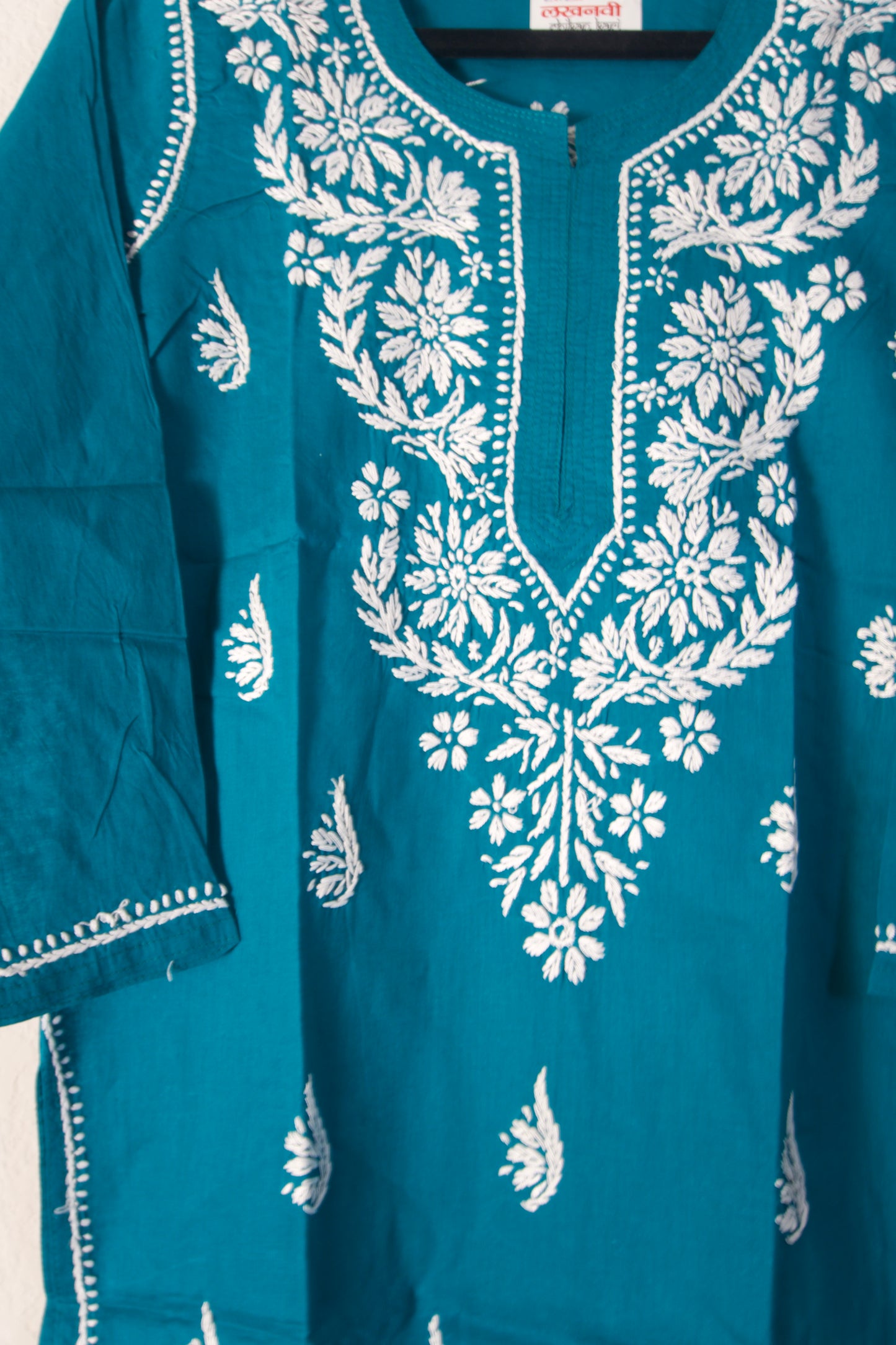 Teal Green Cotton Chikankari Short Kurti