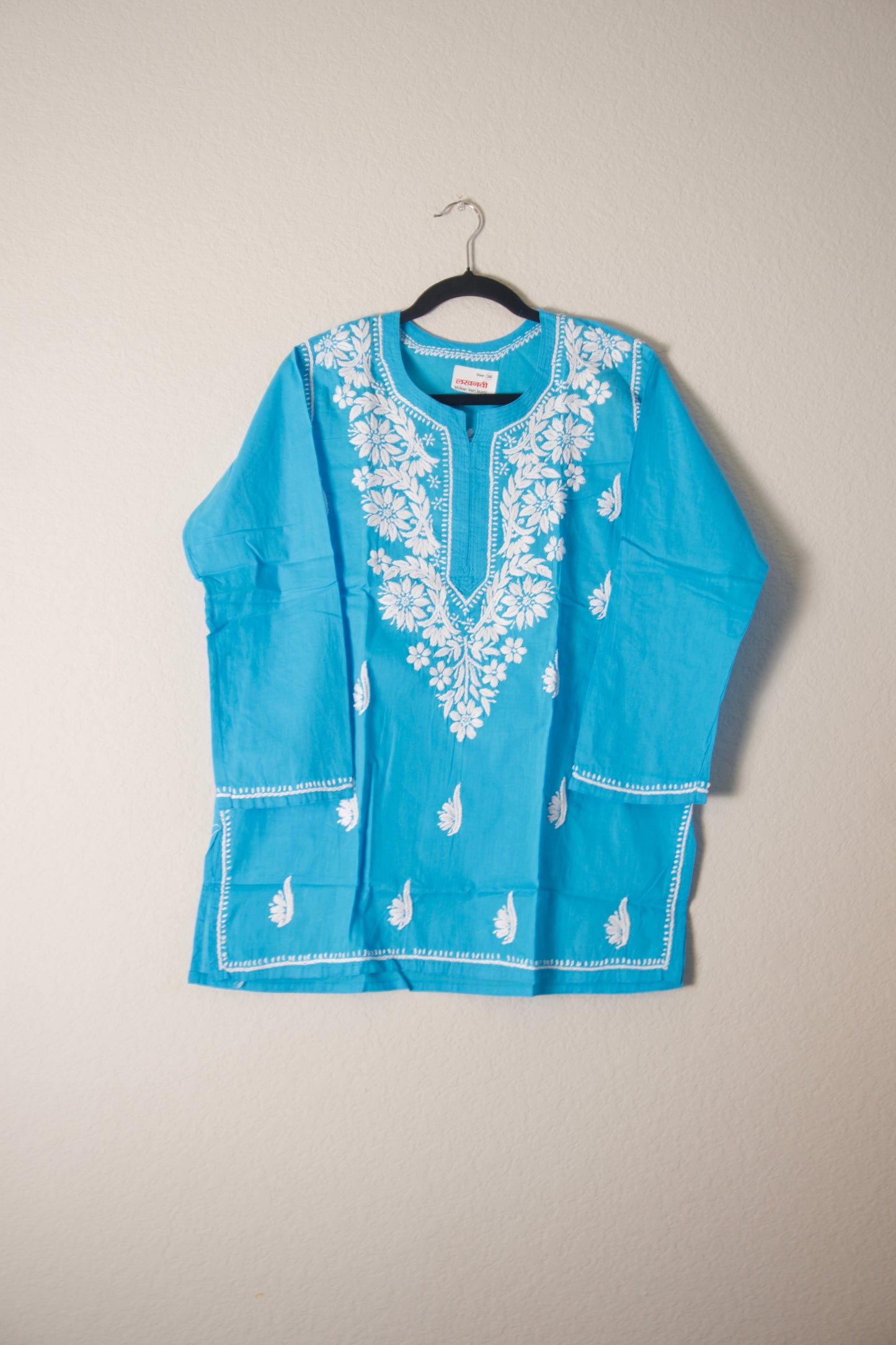 Sky Blue Cotton Chikankari Short Kurti