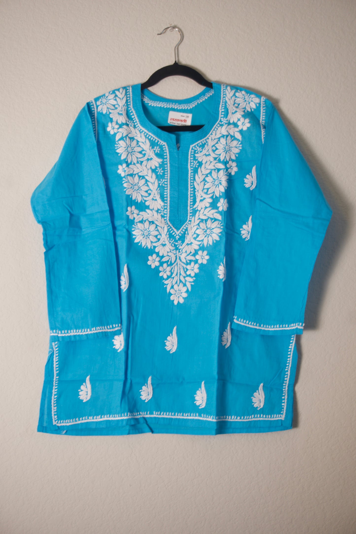 Sky Blue Cotton Chikankari Short Kurti