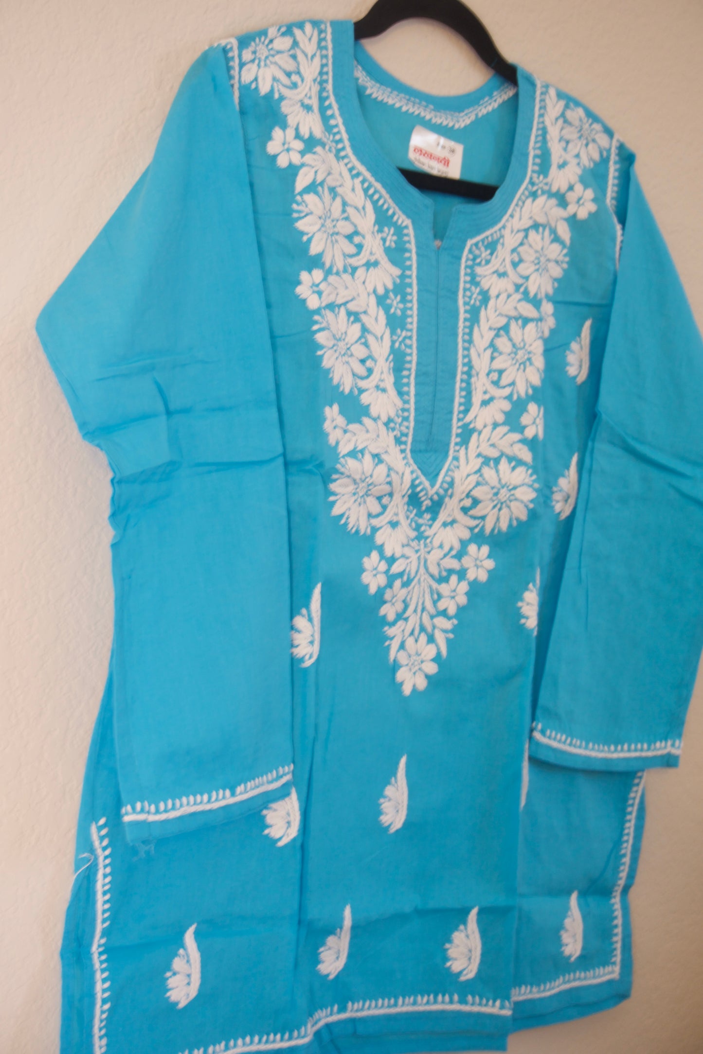 Sky Blue Cotton Chikankari Short Kurti