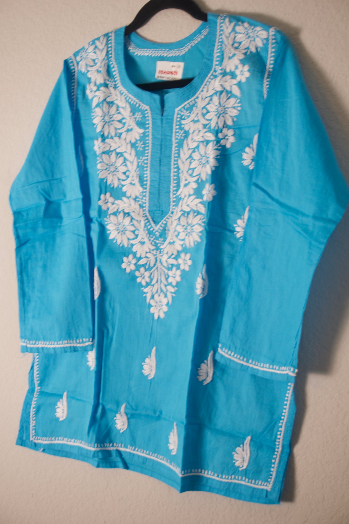 Sky Blue Cotton Chikankari Short Kurti