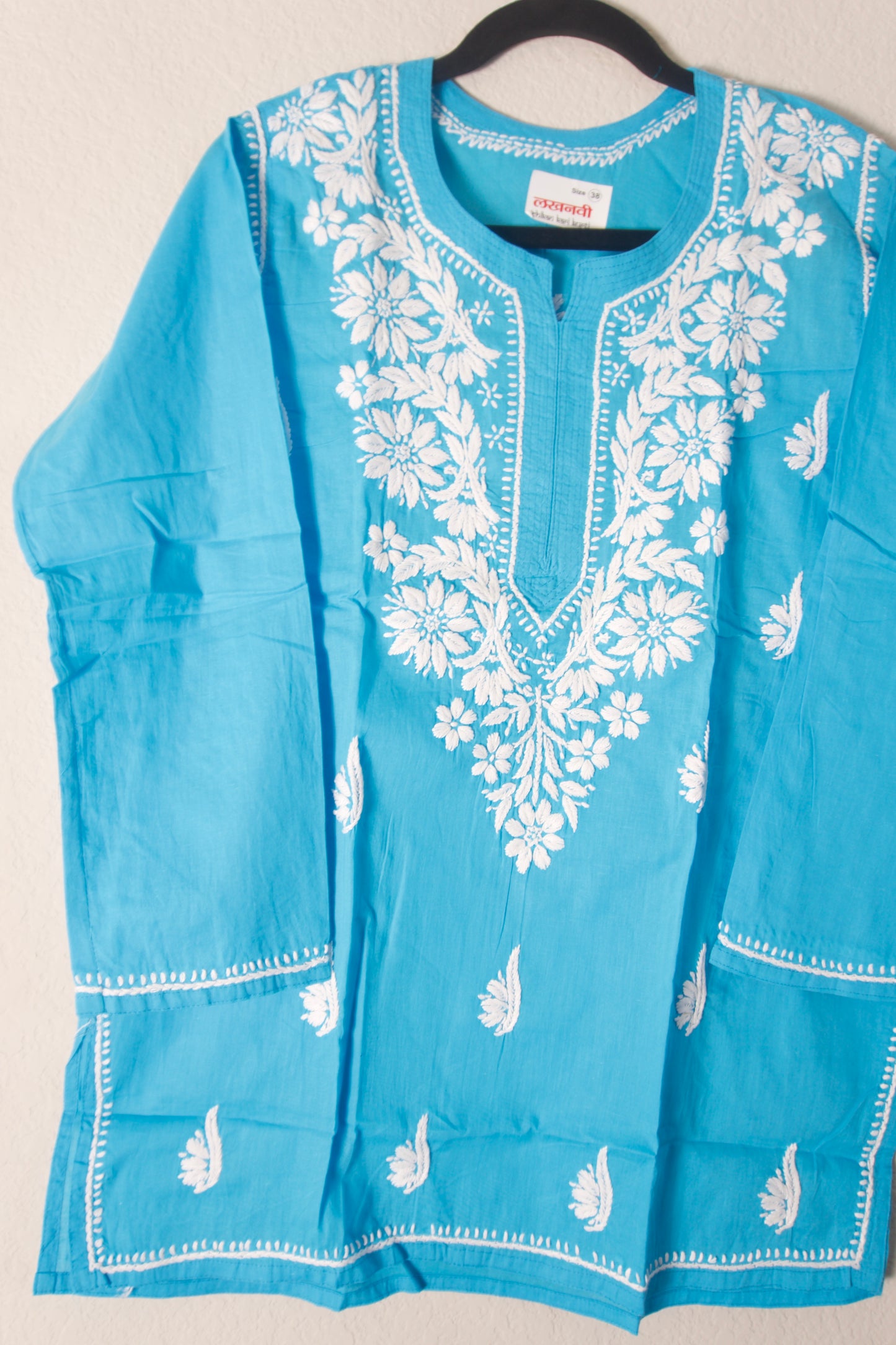 Sky Blue Cotton Chikankari Short Kurti