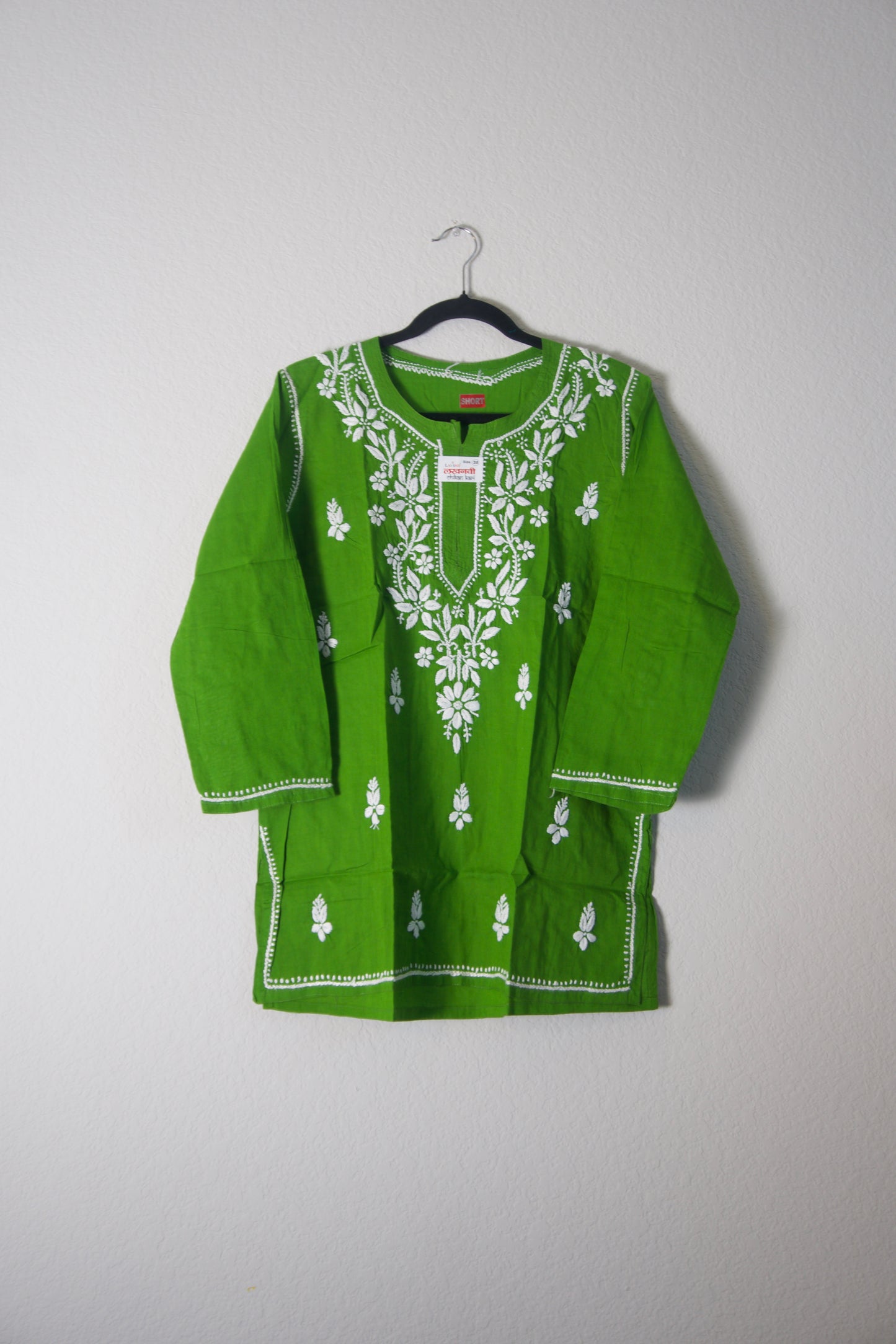 Green Cotton Chikankari Short Kurti