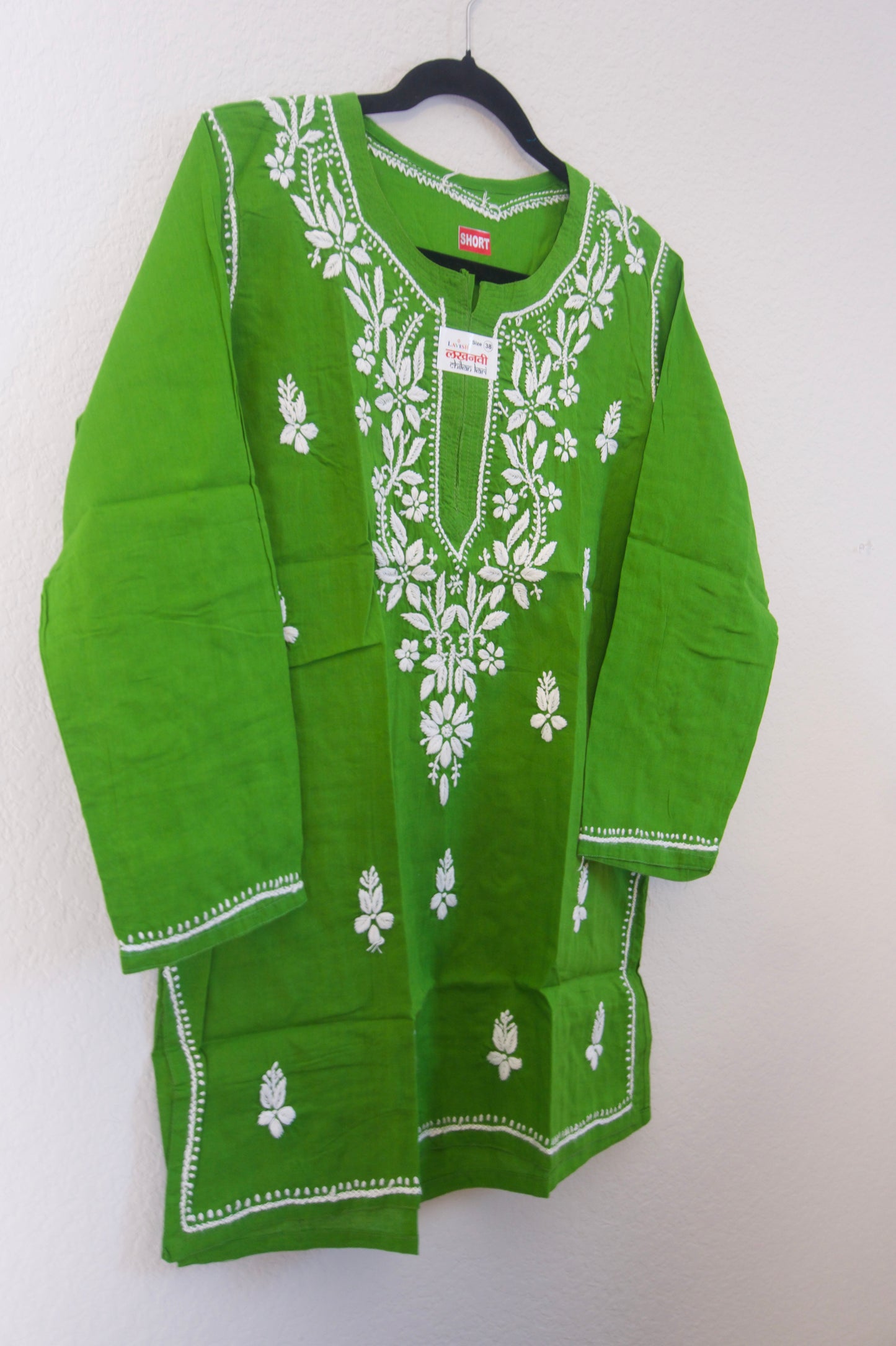 Green Cotton Chikankari Short Kurti