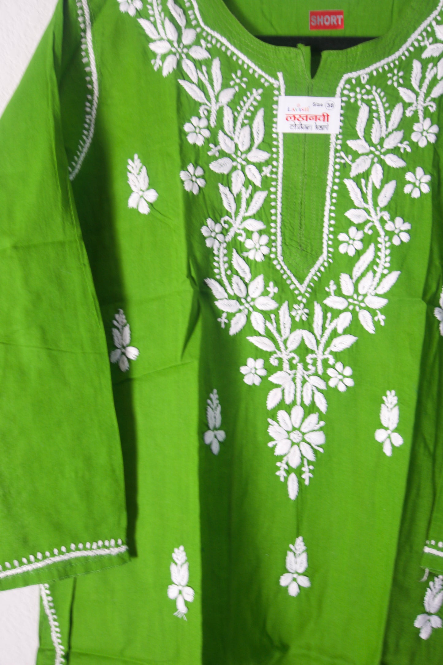 Green Cotton Chikankari Short Kurti