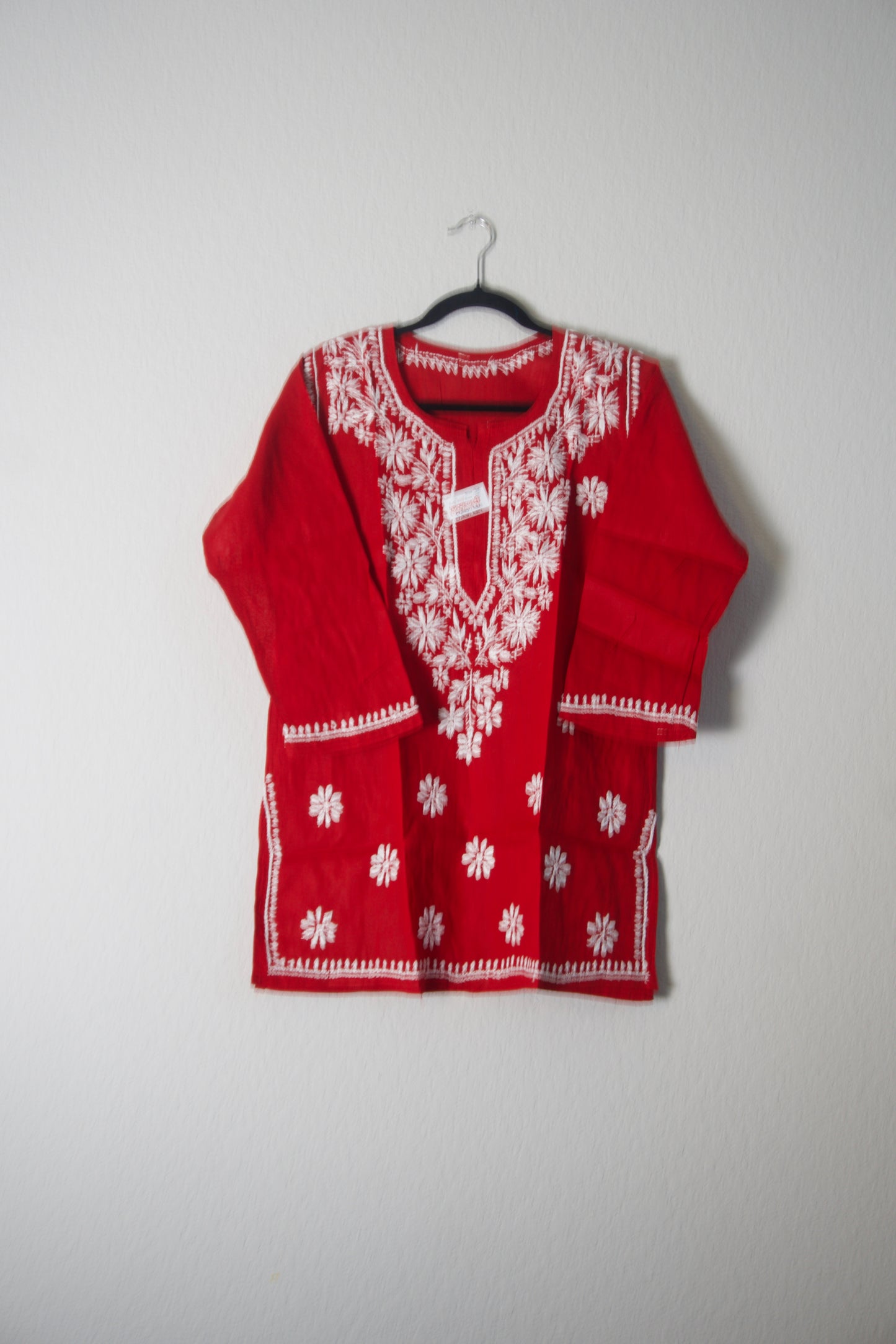 Red Cotton Chikankari Short Kurti