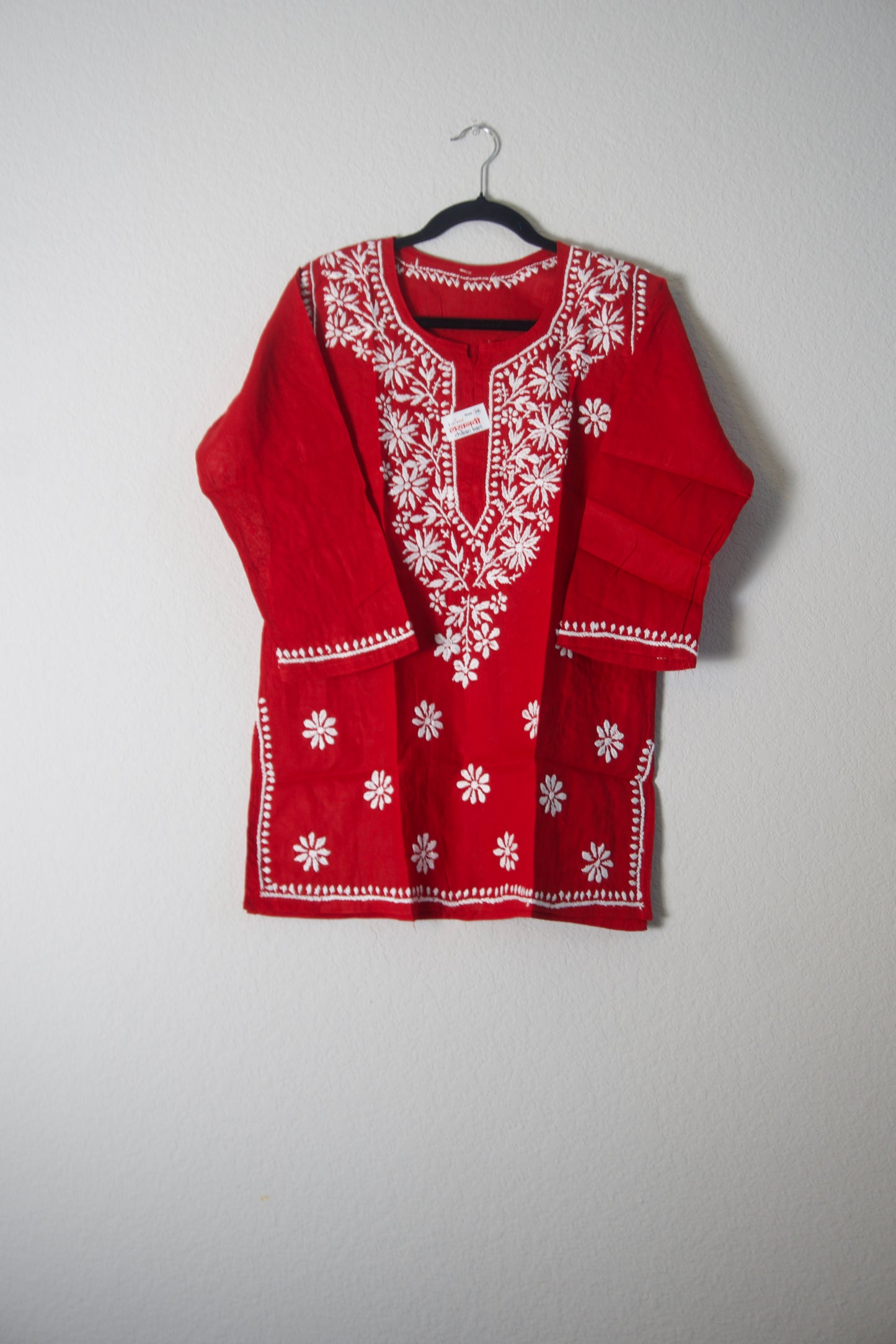Red Cotton Chikankari Short Kurti