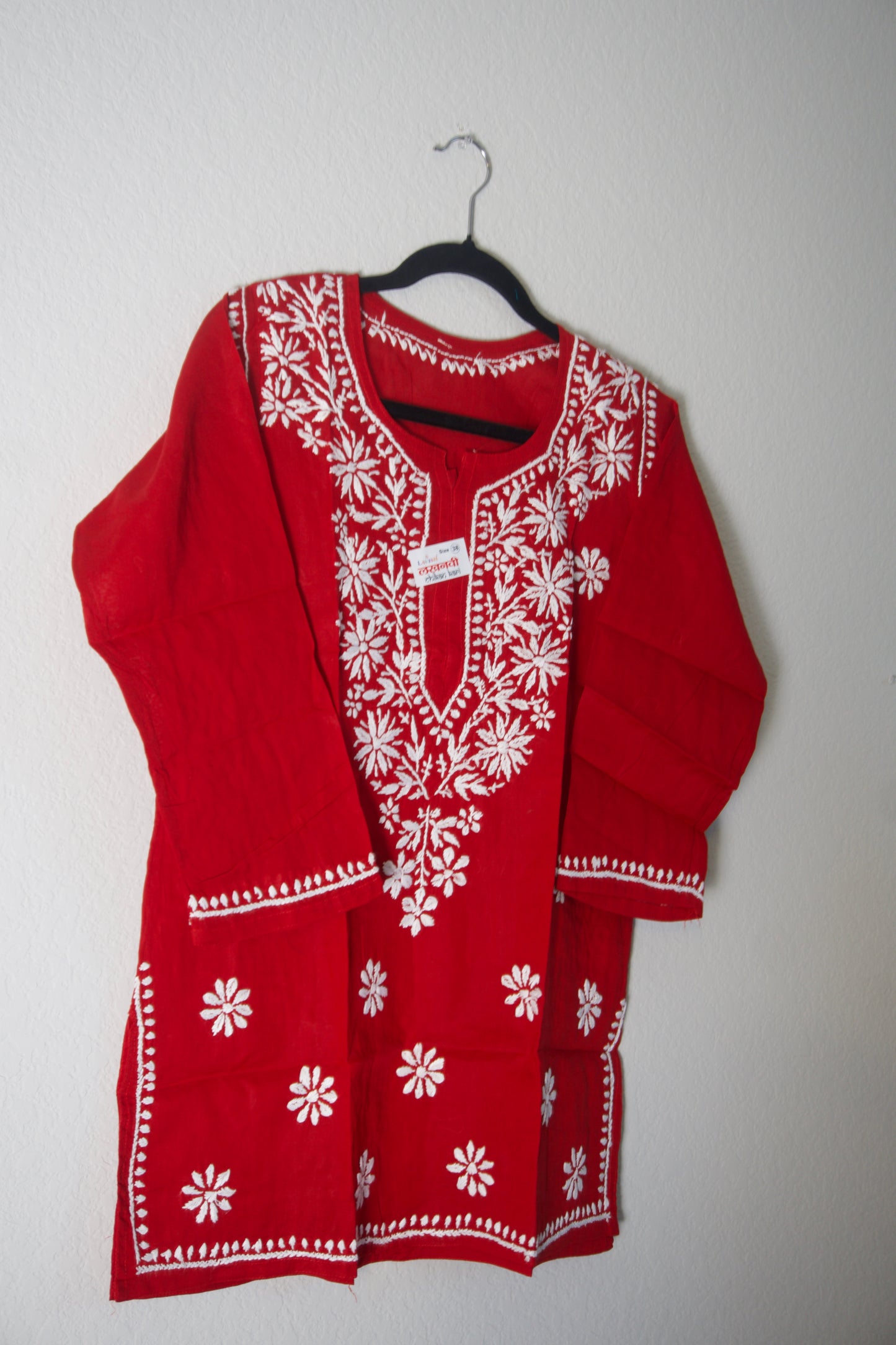 Red Cotton Chikankari Short Kurti