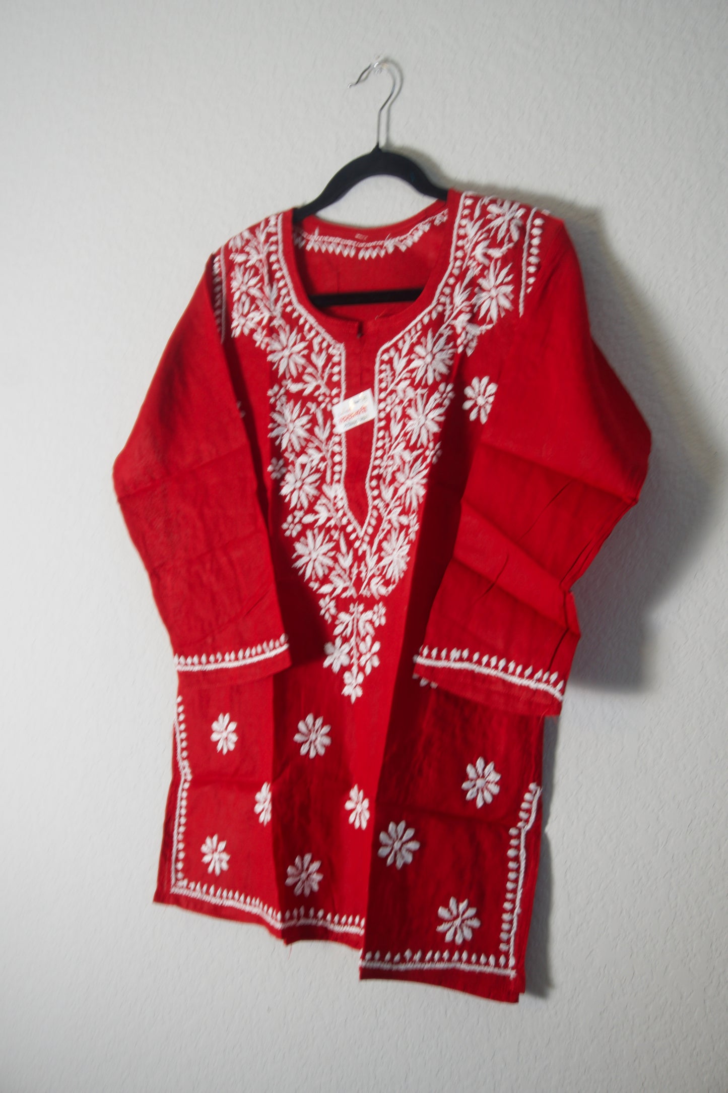 Red Cotton Chikankari Short Kurti