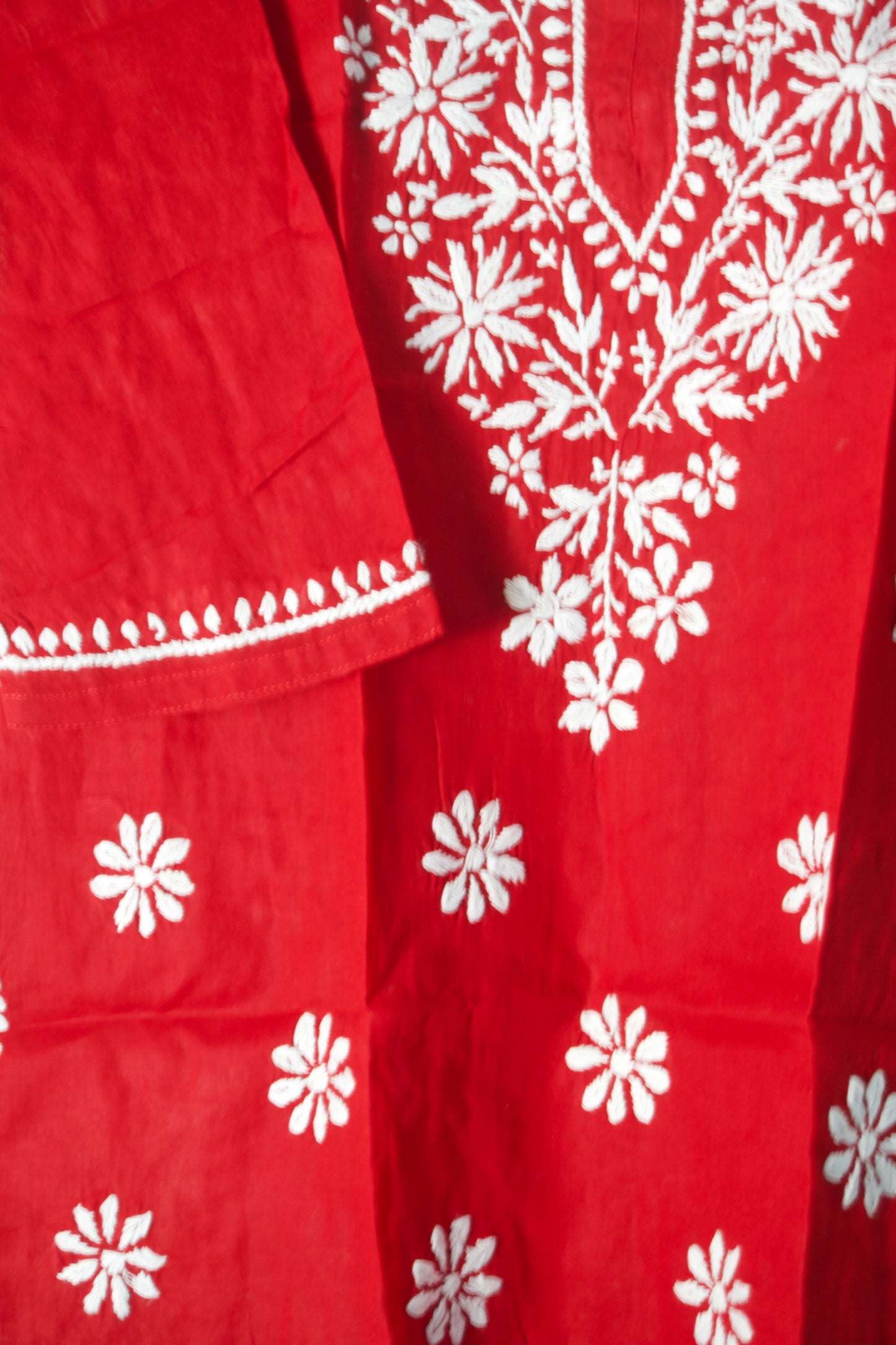 Red Cotton Chikankari Short Kurti
