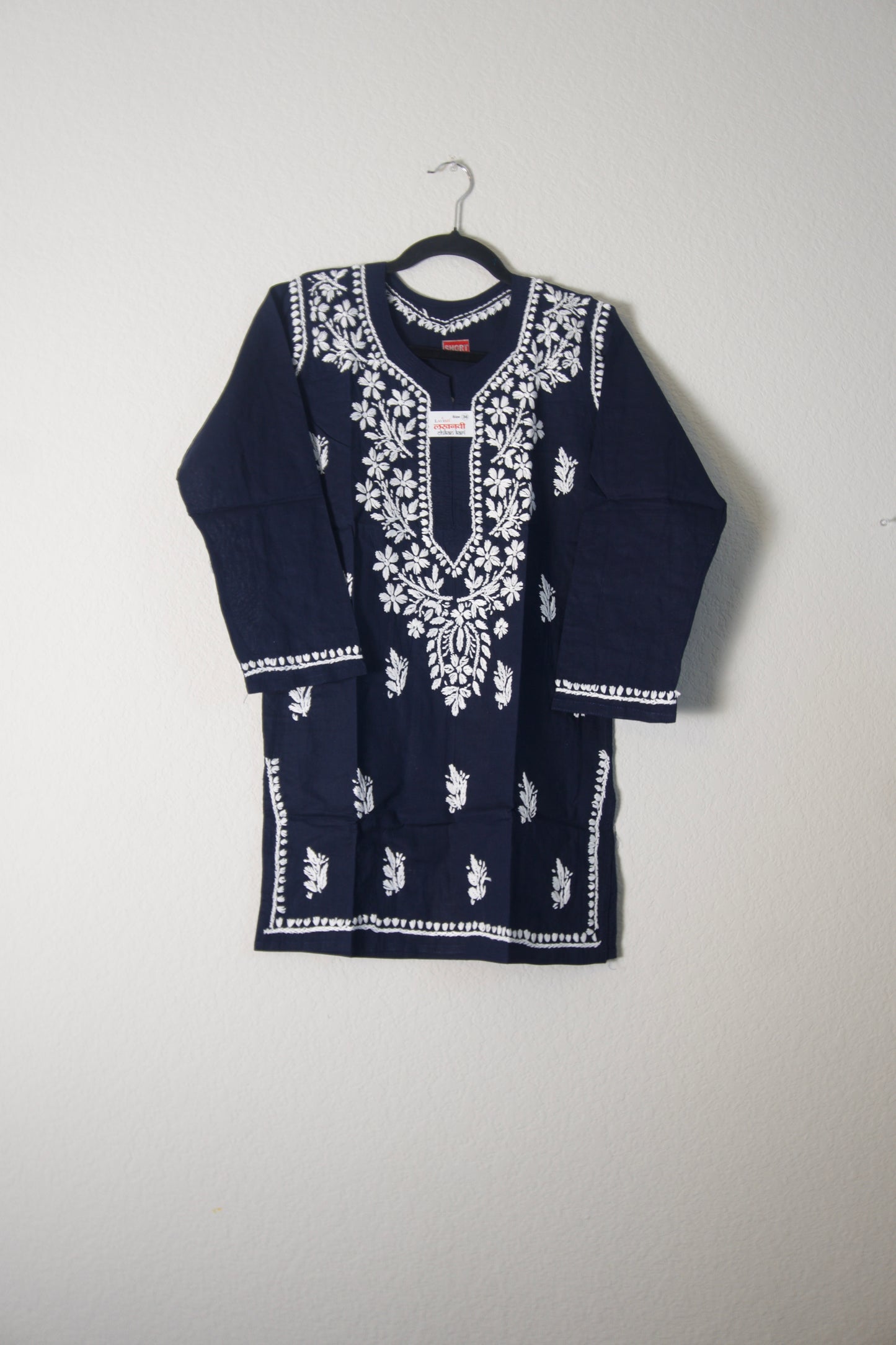 Dark Navy Blue Cotton Chikankari Short Kurti